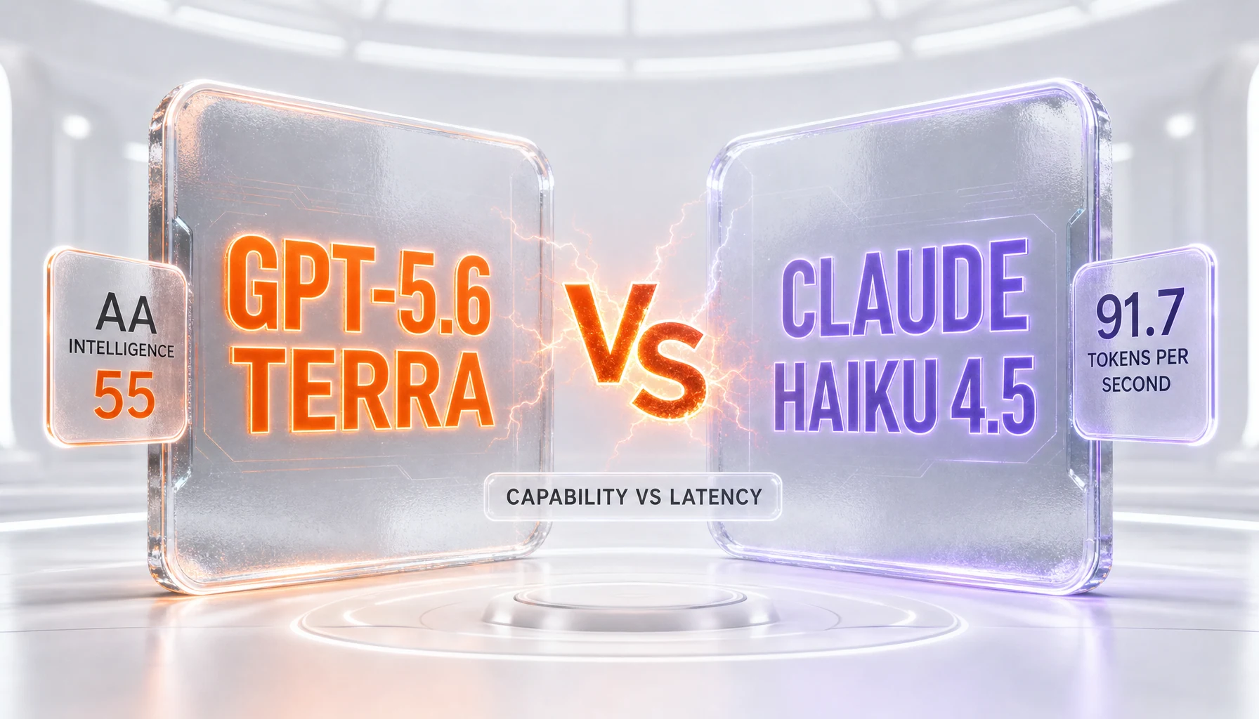 GPT-5.6 Terra vs Claude Haiku 4.5 comparison illustration — capability against latency, AA Intelligence 55 versus 24, 91.7 tokens per second