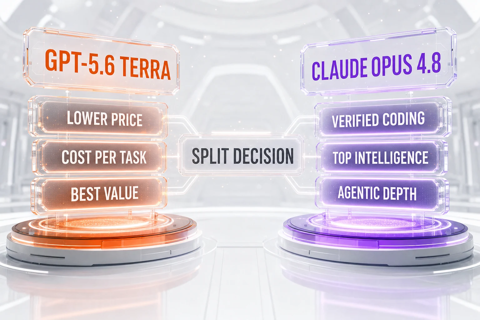 GPT-5.6 Terra vs Claude Opus 4.8 verdict — Terra wins lower price, cost per task and value; Opus 4.8 wins verified coding, top intelligence and agentic depth