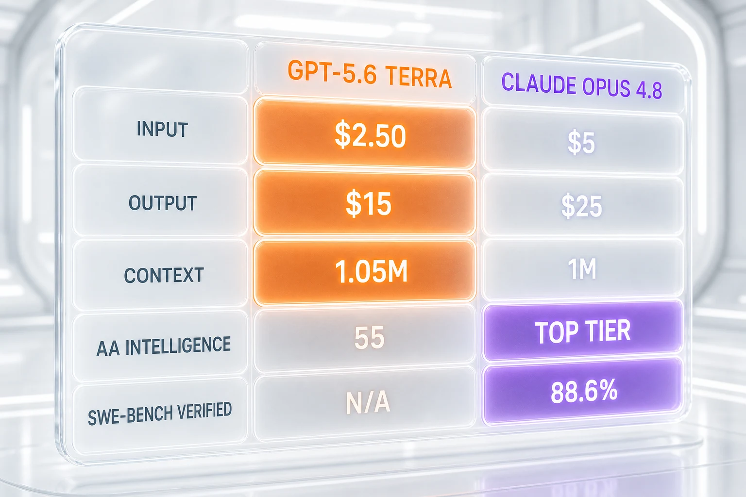 GPT-5.6 Terra vs Claude Opus 4.8 feature comparison — input $2.50 vs $5, output $15 vs $25, Intelligence Index 55 vs top tier, SWE-bench Verified N/A vs 88.6%, context 1.05M vs 1M