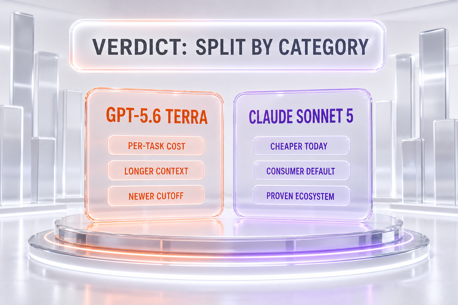 Verdict chart — GPT-5.6 Terra wins per-task cost, longer context, and newer cutoff; Claude Sonnet 5 wins cheaper price today, consumer default status, and proven ecosystem, split by category
