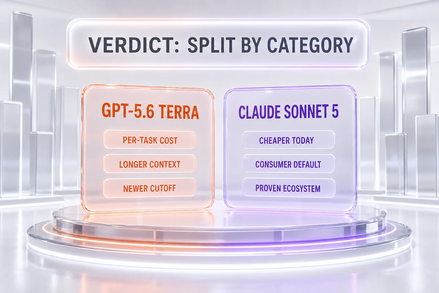 Verdict chart — GPT-5.6 Terra wins per-task cost, longer context, and newer cutoff; Claude Sonnet 5 wins cheaper price today, consumer default status, and proven ecosystem, split by category