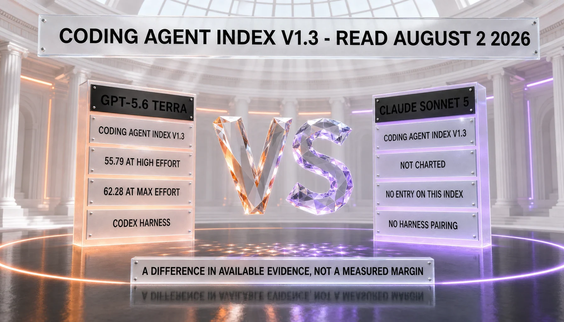 Artificial Analysis Coding Agent Index v1.3: GPT-5.6 Terra is charted at 55.79 at high reasoning effort and 62.28 at max through the Codex harness, while Claude Sonnet 5 is not charted and has no entry on this index — a difference in available evidence, not a measured margin