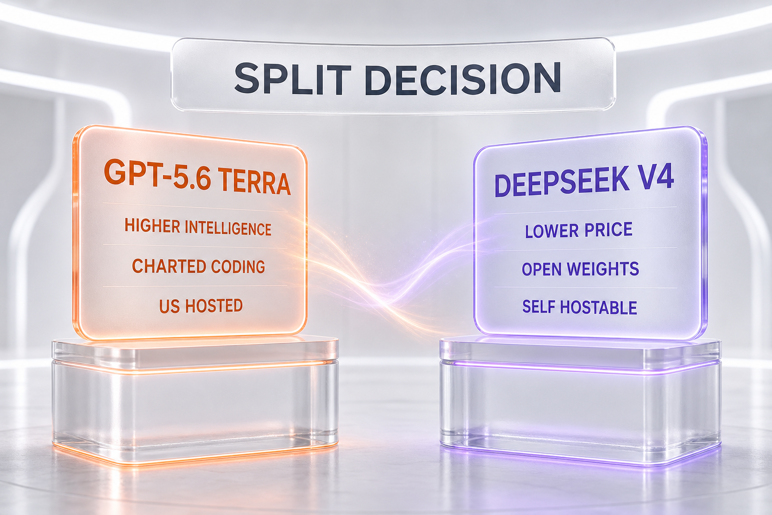 Verdict chart — GPT-5.6 Terra wins measured intelligence, charted coding, and US hosting; DeepSeek V4 wins price, open weights, and self-hosting, in a split decision