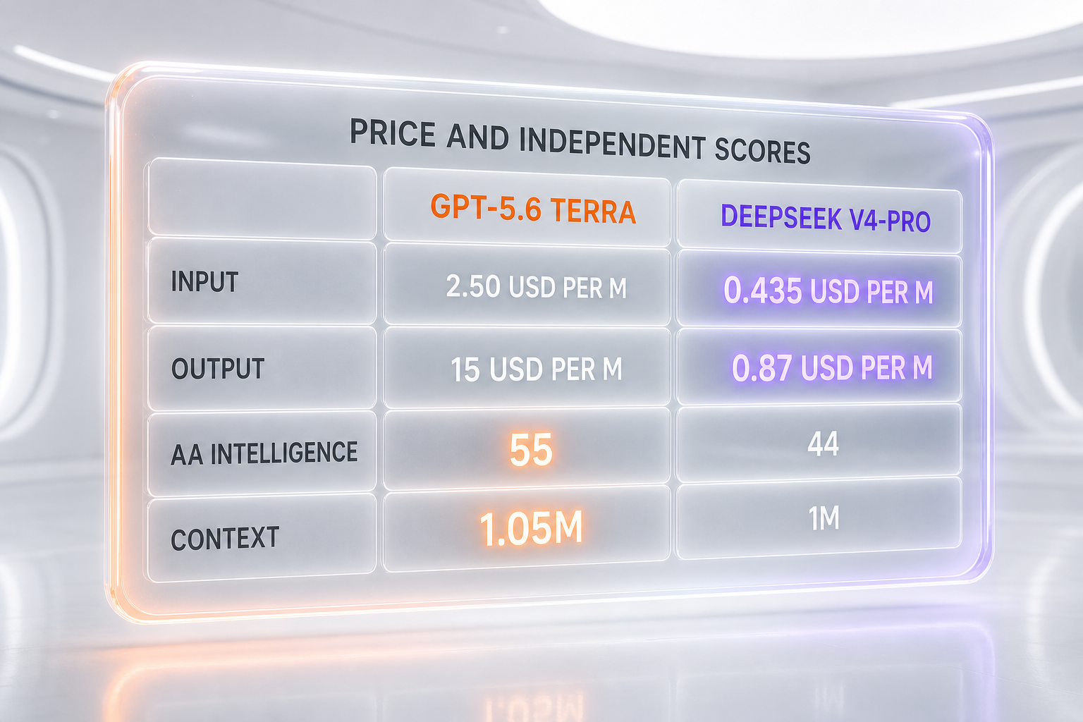 GPT-5.6 Terra vs DeepSeek V4 infographic — input and output price, Artificial Analysis Intelligence Index, and context window compared side-by-side, with each row highlighting the winner