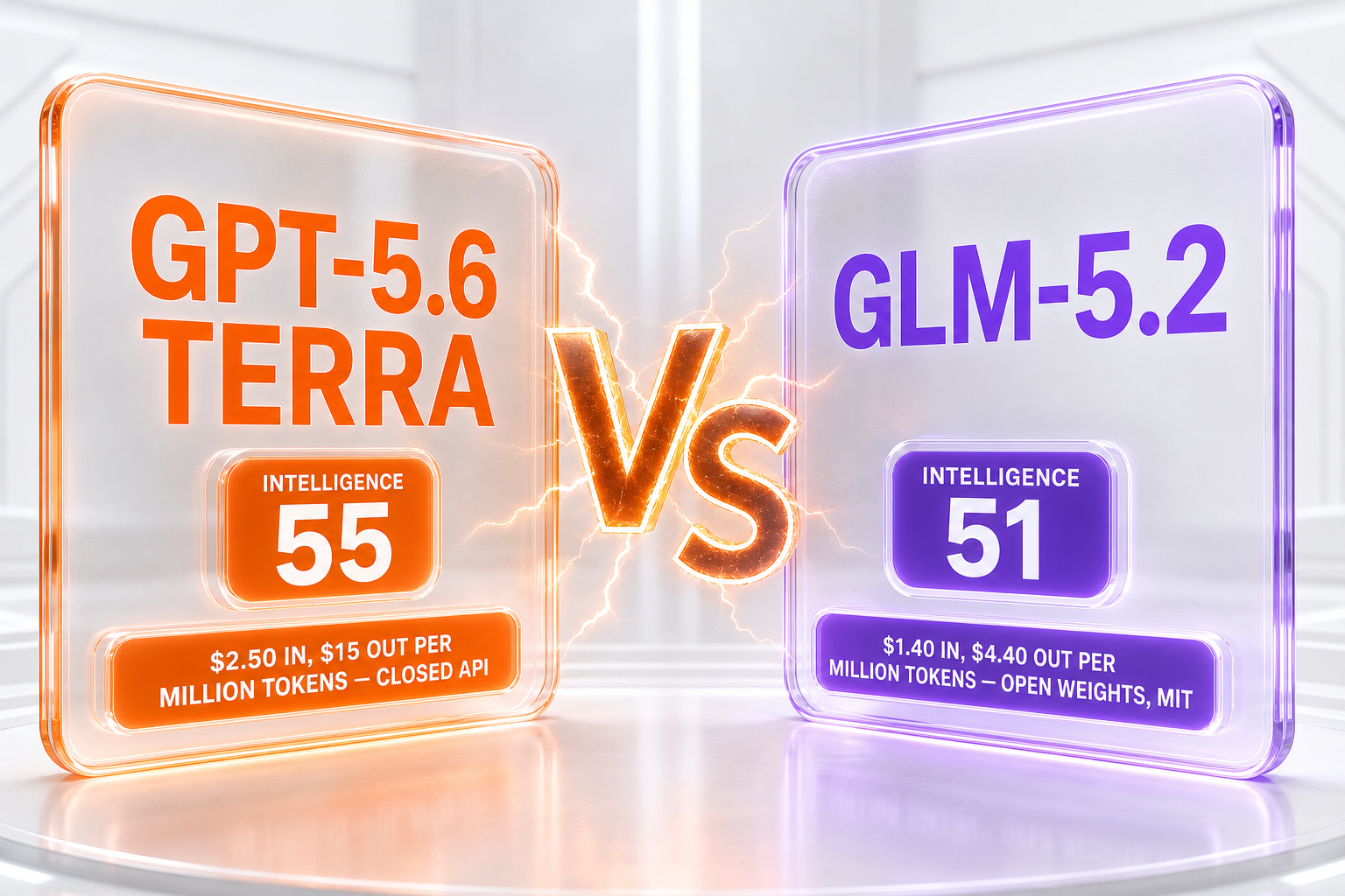 GPT-5.6 Terra vs GLM-5.2 — 55 vs 51 on the Artificial Analysis Intelligence Index, $15 vs $4.40 per million output tokens, closed API versus MIT open weights