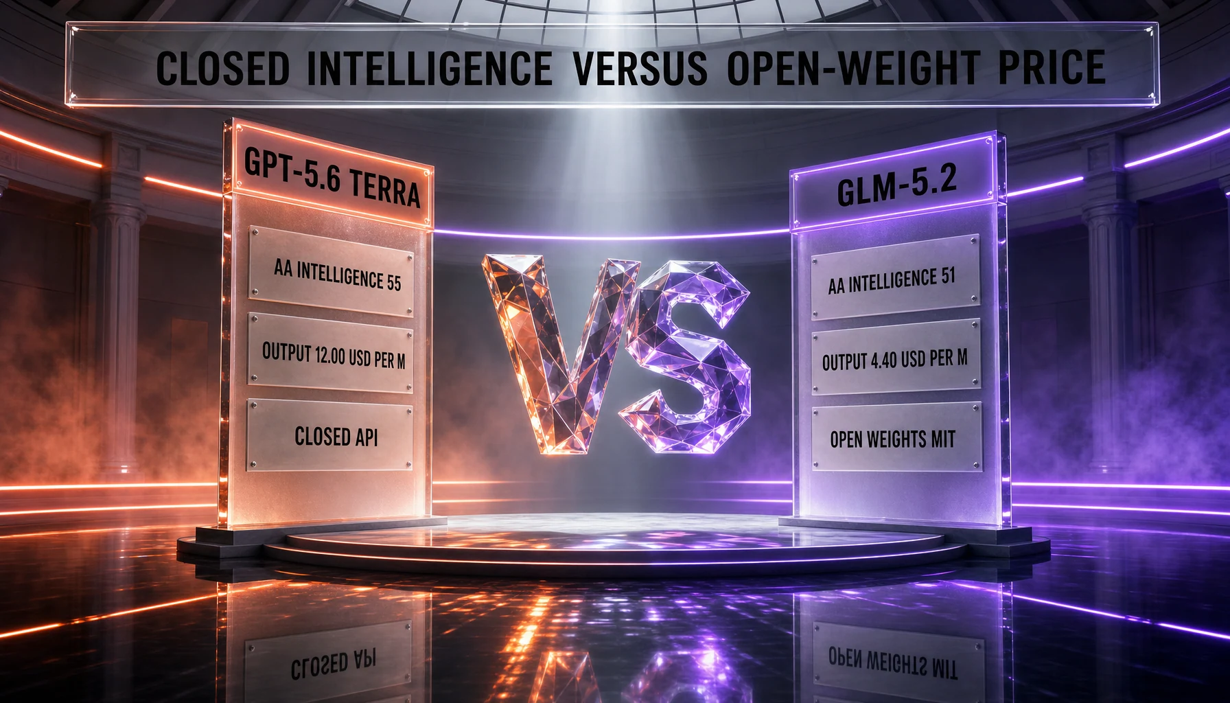 GPT-5.6 Terra vs GLM-5.2 — 55 vs 51 on the Artificial Analysis Intelligence Index, 12.00 dollars vs 4.40 dollars per million output tokens, closed API versus MIT open weights