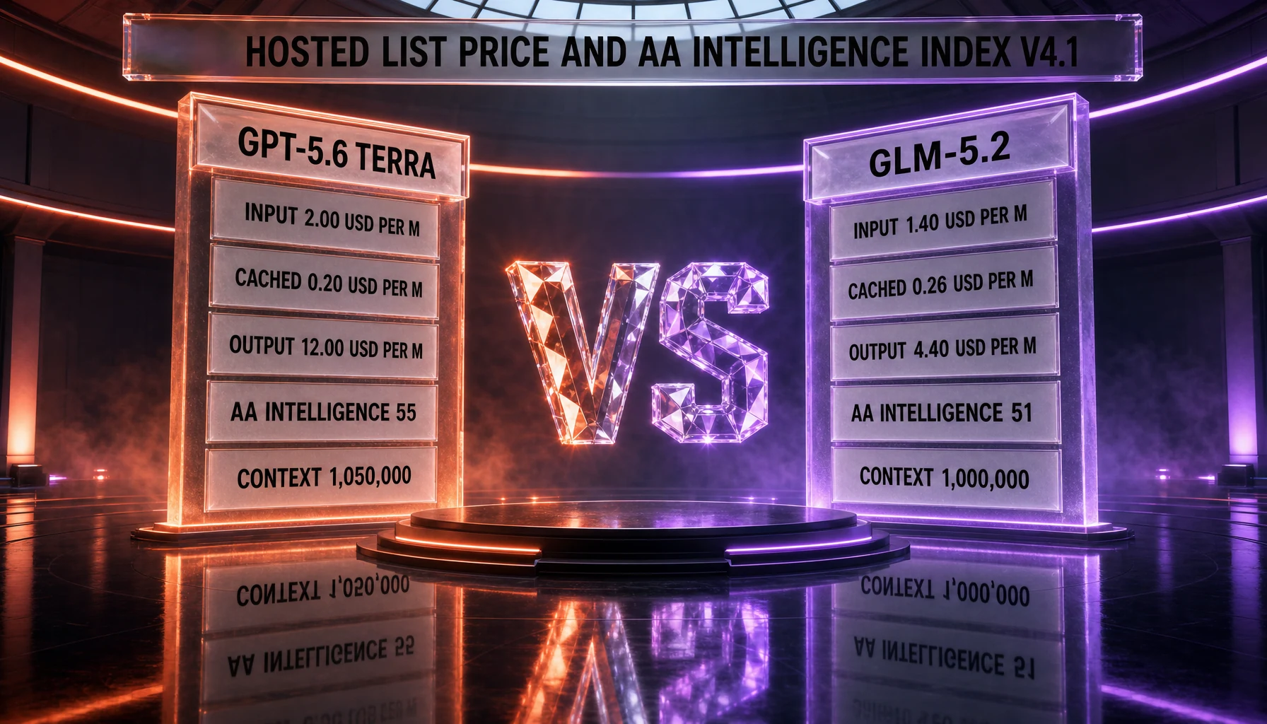 GPT-5.6 Terra vs GLM-5.2 infographic — Terra at 2.00 dollars input, 0.20 cached and 12.00 output per million tokens with Artificial Analysis Intelligence 55 and a 1,050,000-token context, against GLM-5.2 at 1.40, 0.26 and 4.40 with 51 and a 1,000,000-token context