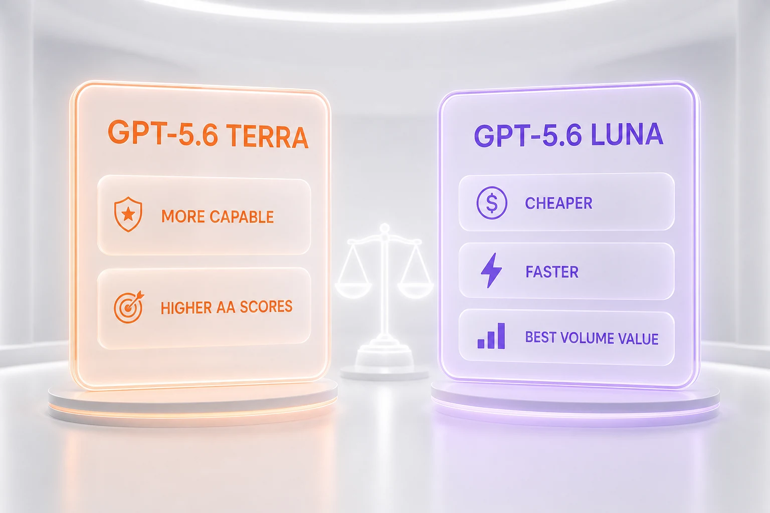 GPT-5.6 Terra vs GPT-5.6 Luna verdict — Terra more capable and higher AA scores, Luna cheaper, faster, and best volume value