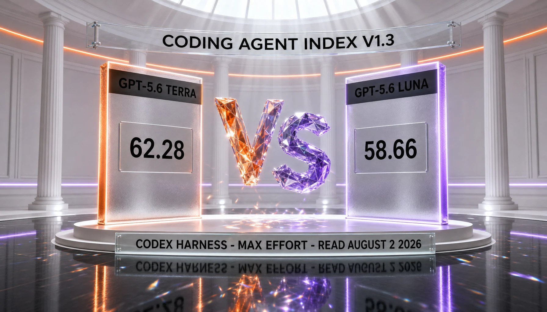 GPT-5.6 Terra and GPT-5.6 Luna on the Artificial Analysis Coding Agent Index v1.3, both measured through the Codex harness at max reasoning effort — Terra 62.28, Luna 58.66, read on August 2, 2026