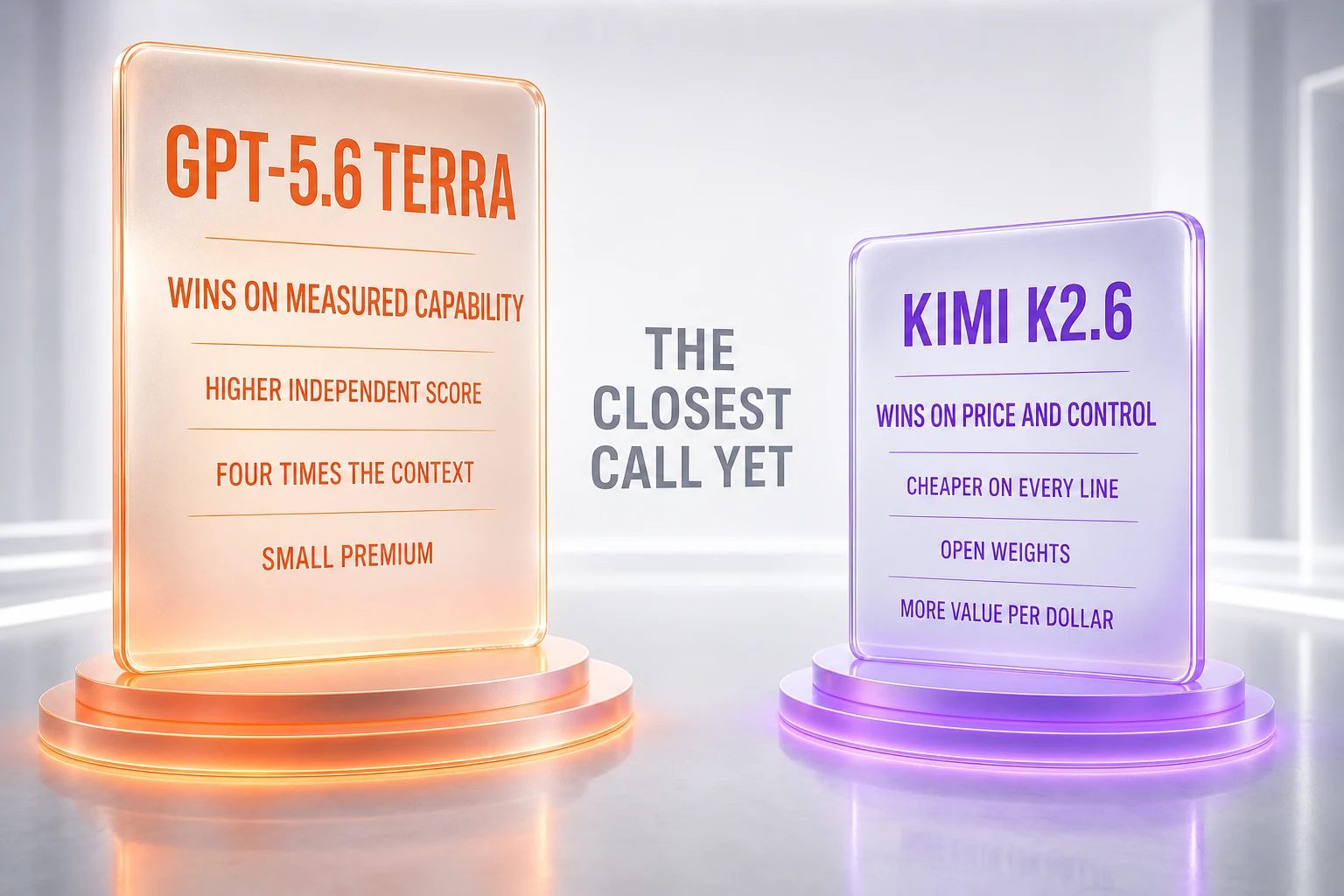 GPT-5.6 Terra vs Kimi K2.6 verdict — Terra takes the overall call on independently measured intelligence and context; Kimi K2.6 wins on price, open weights, self-hosting, and intelligence per dollar
