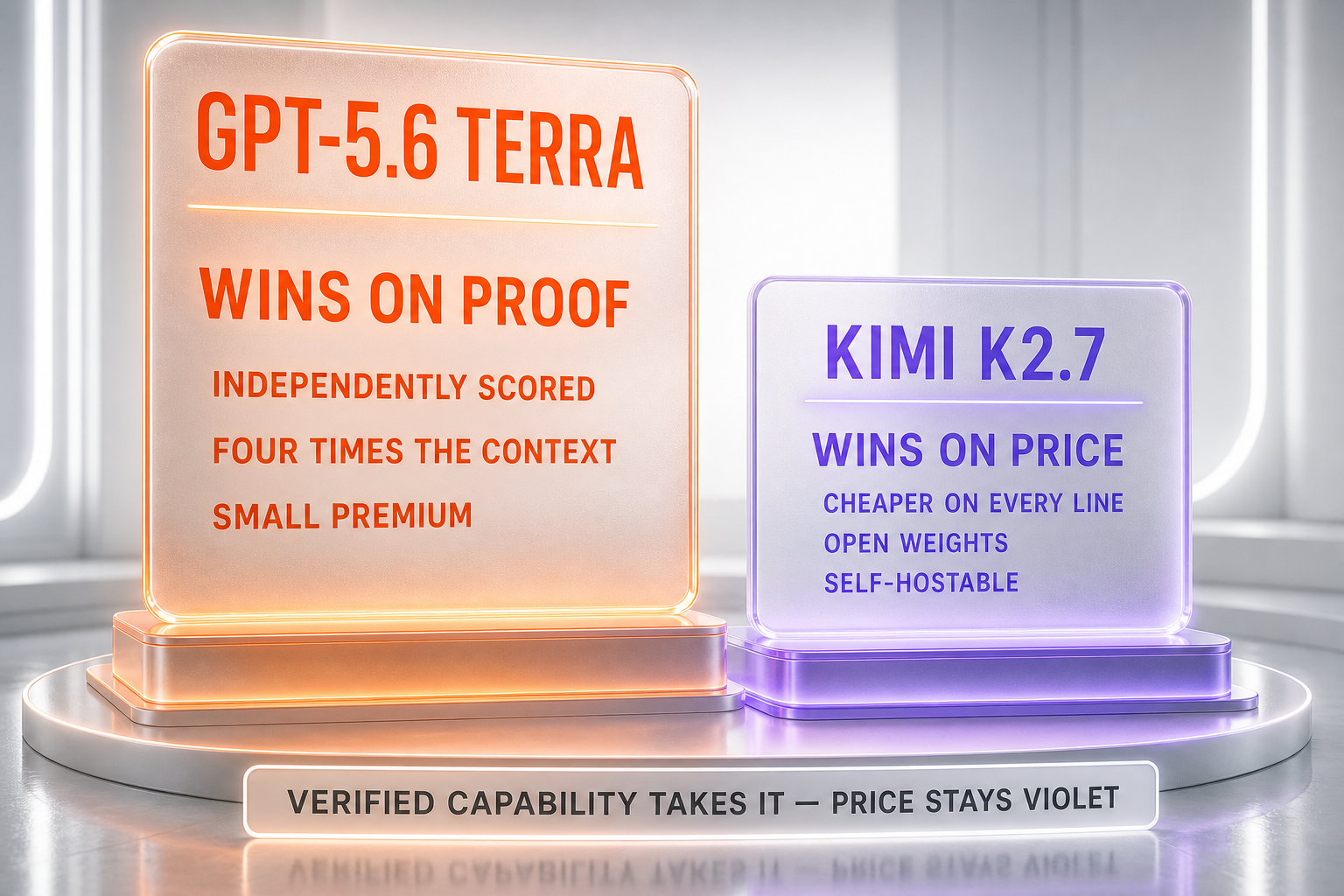 GPT-5.6 Terra vs Kimi K2.7 verdict — Terra takes the overall call on independently verified scores at a small premium; Kimi K2.7 wins on price, open weights, and self-hosting