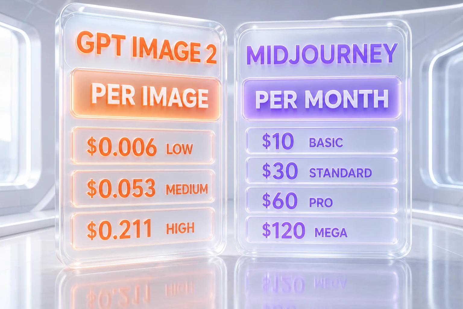 GPT Image 2 vs Midjourney pricing infographic — per image API token cost versus monthly subscription tiers