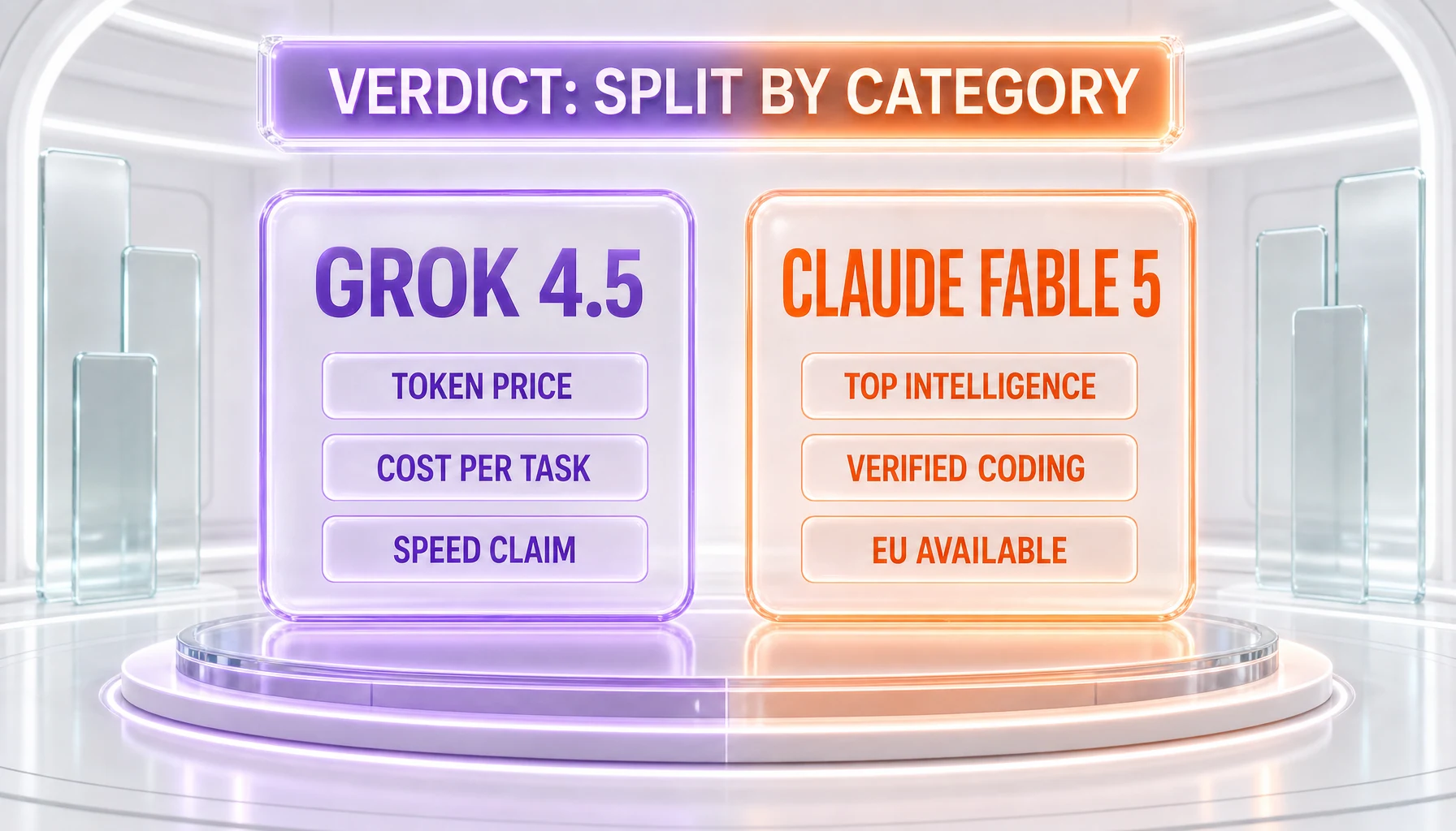 Grok 4.5 vs Claude Fable 5 verdict — Grok 4.5 wins token price, cost per task, and speed; Claude Fable 5 wins top intelligence, verified coding, and EU availability
