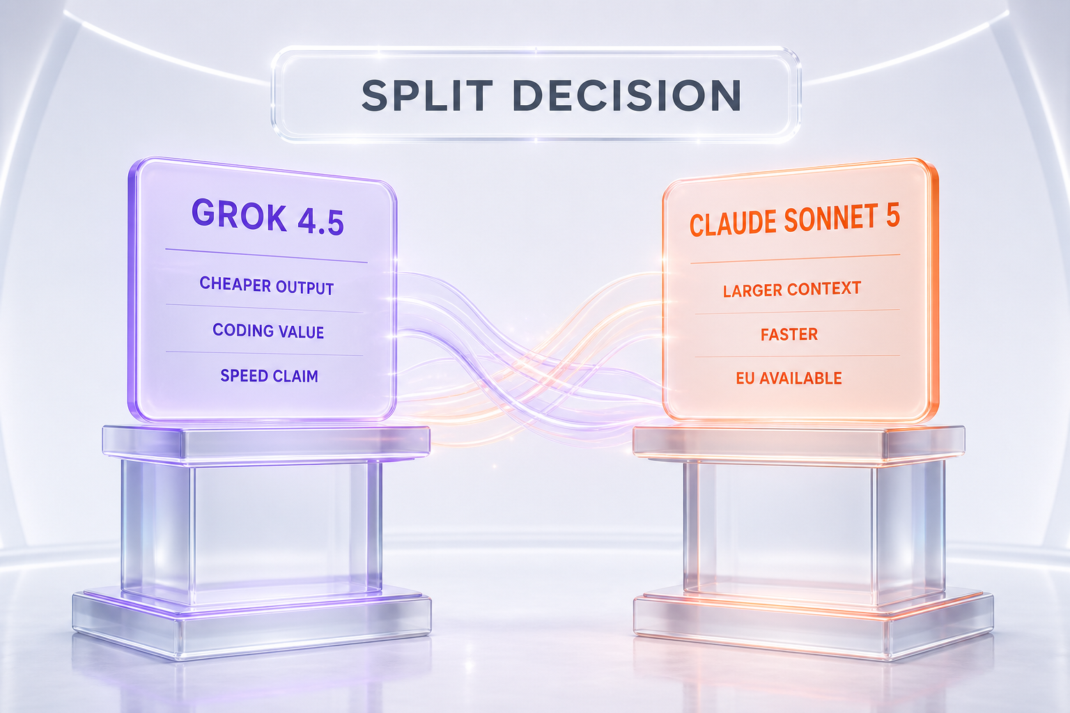 Grok 4.5 vs Claude Sonnet 5 verdict illustration — split decision, Grok wins cheaper output, coding value and speed claim, Sonnet wins larger context, faster and EU available