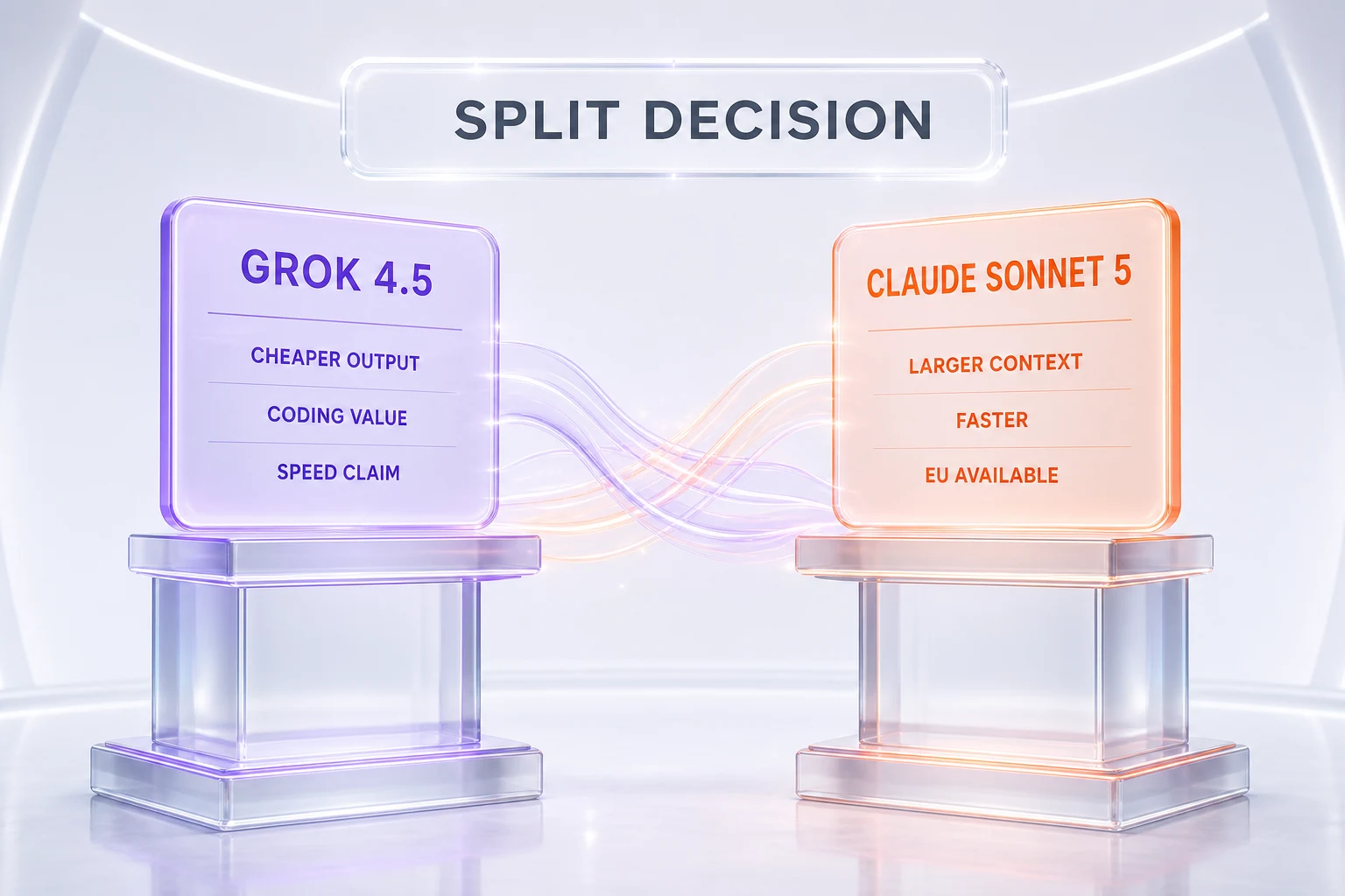 Grok 4.5 vs Claude Sonnet 5 verdict illustration — split decision, Grok wins cheaper output, coding value and speed claim, Sonnet wins larger context, faster and EU available