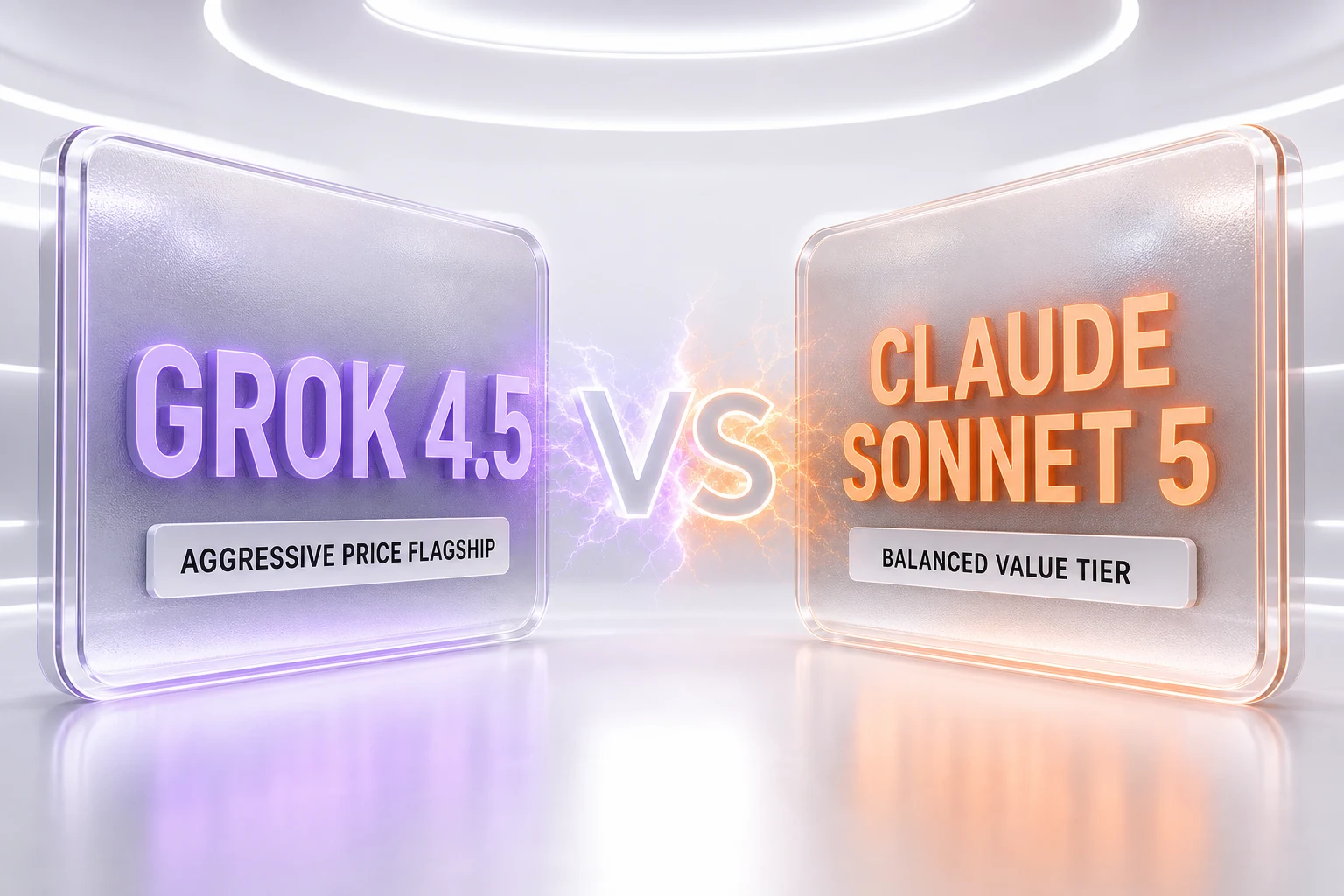Grok 4.5 vs Claude Sonnet 5 comparison illustration — SpaceXAI's aggressive-price flagship against Anthropic's balanced value tier