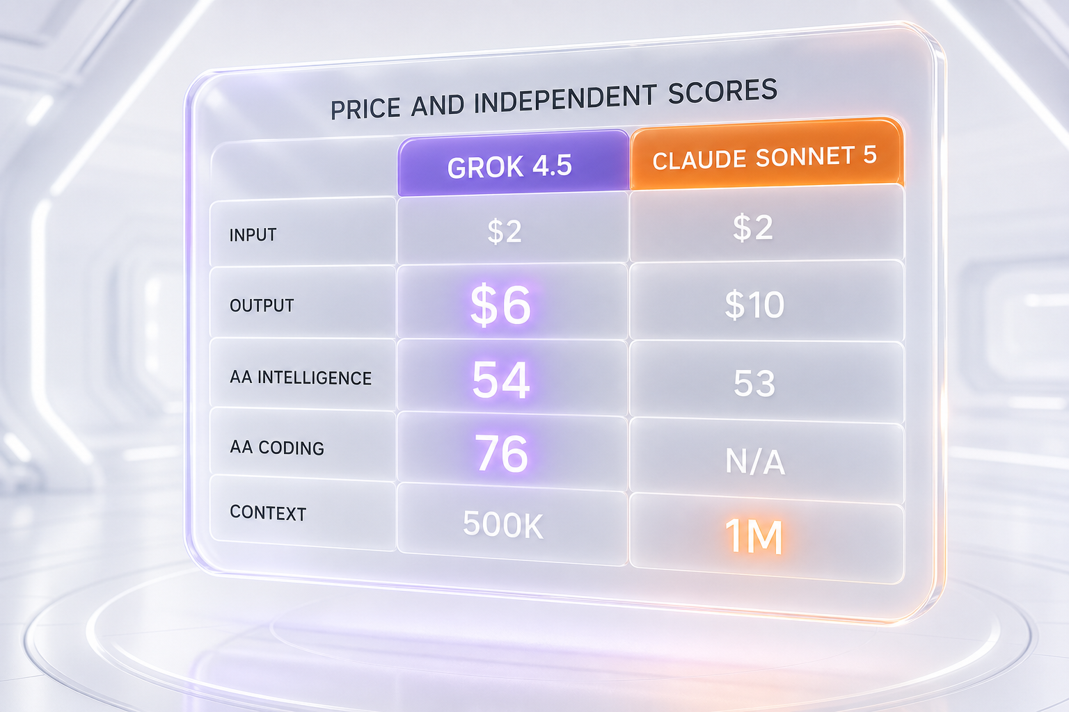 Grok 4.5 versus Claude Sonnet 5 comparison table illustration — input and output price, Artificial Analysis Intelligence and Coding scores, and context window