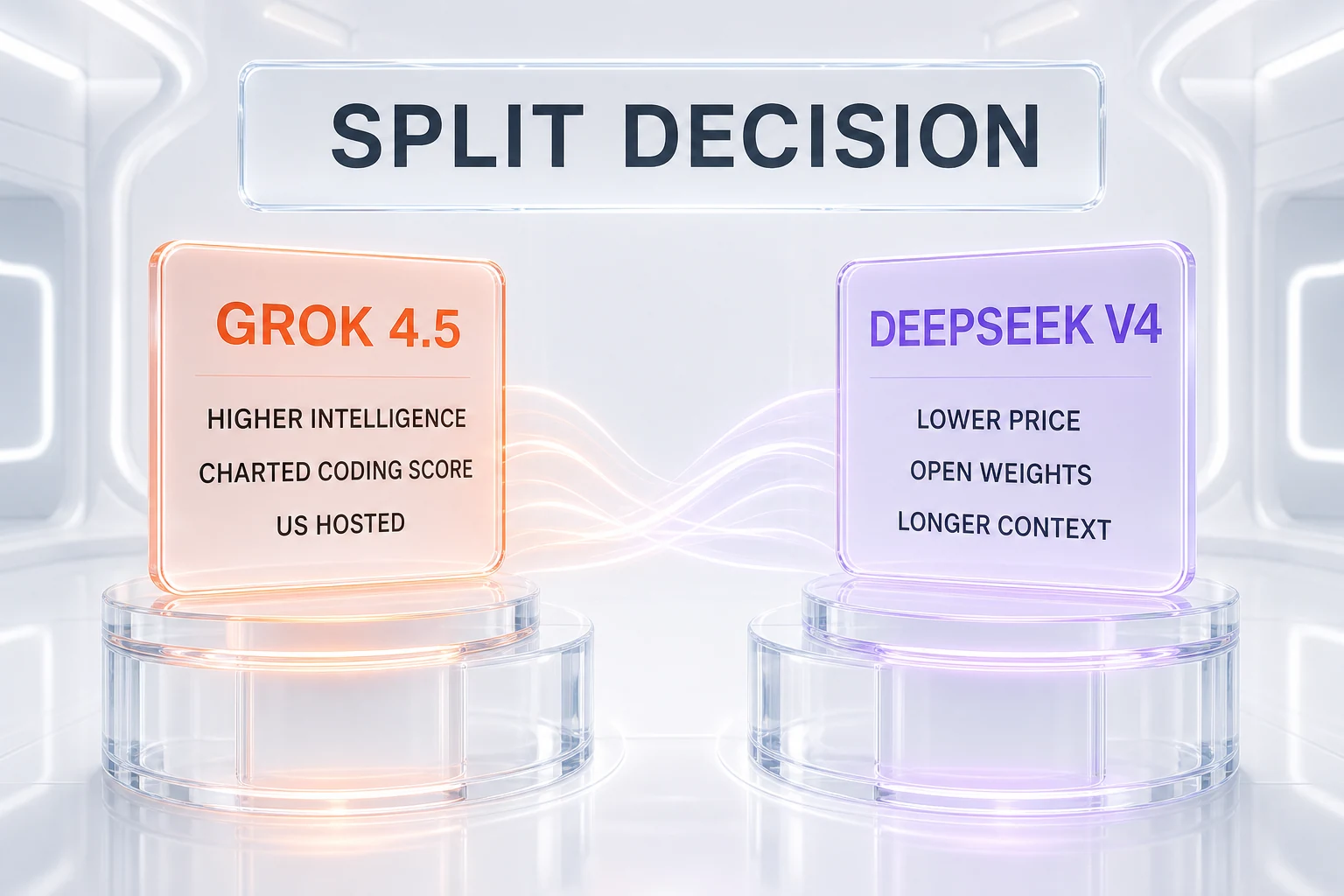 Verdict chart — Grok 4.5 wins measured intelligence and the charted coding score, DeepSeek V4 wins price, open weights and context, split by use case