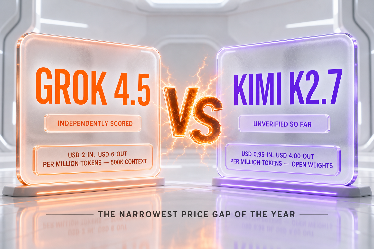 Grok 4.5 vs Kimi K2.7 — USD 2 against USD 0.95 per million input tokens, USD 6 against USD 4 output, independently scored against no third-party results, 500K against 256K context