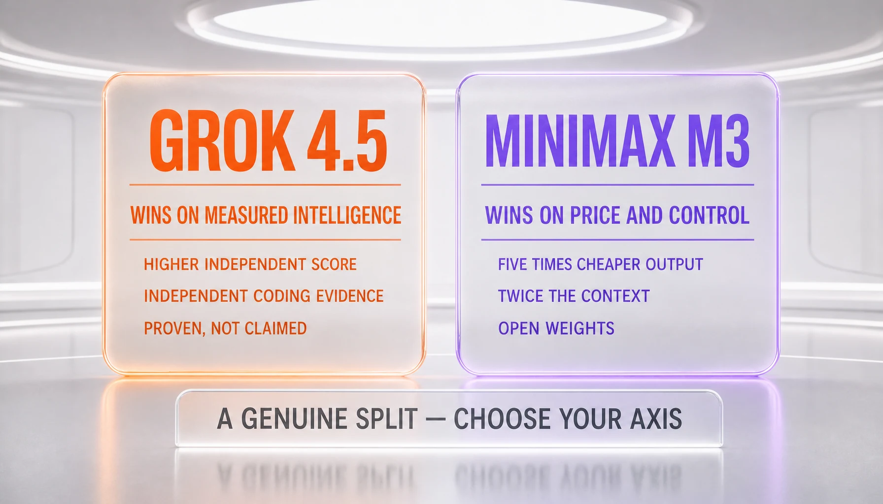 Verdict — Grok 4.5 wins on measured intelligence and independent coding evidence; MiniMax M3 wins on price, context, and open weights. A genuine split.