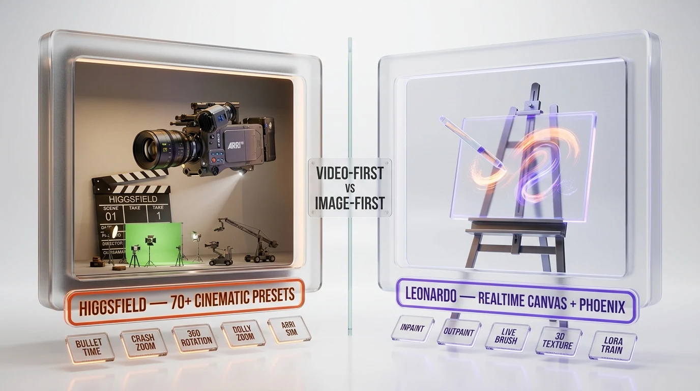 Higgsfield 70+ cinematic camera presets vs Leonardo.ai Real-time Canvas — the workflow split