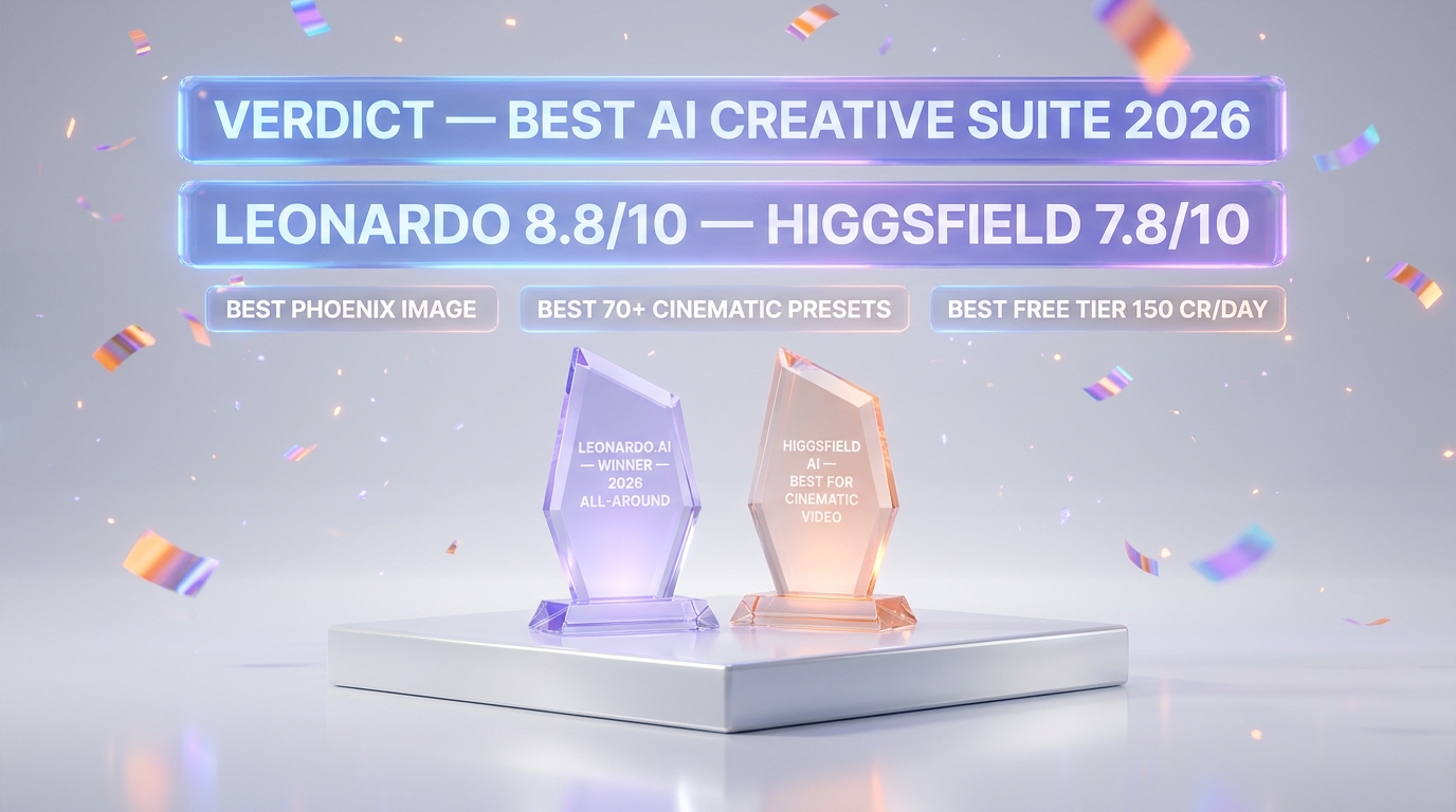 Higgsfield AI vs Leonardo.ai — final verdict podium with Leonardo winner all-around and Higgsfield best for cinematic video