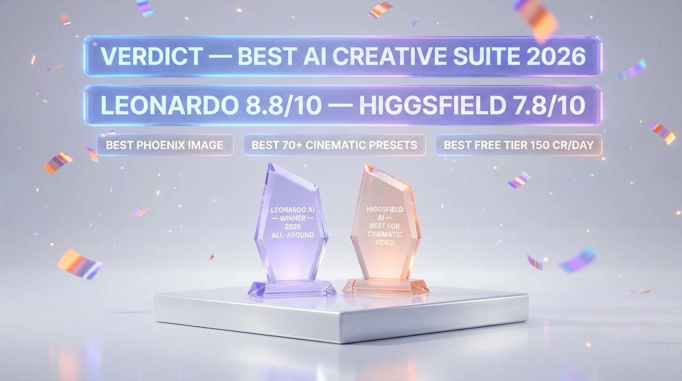 Higgsfield AI vs Leonardo.ai — final verdict podium with Leonardo winner all-around and Higgsfield best for cinematic video