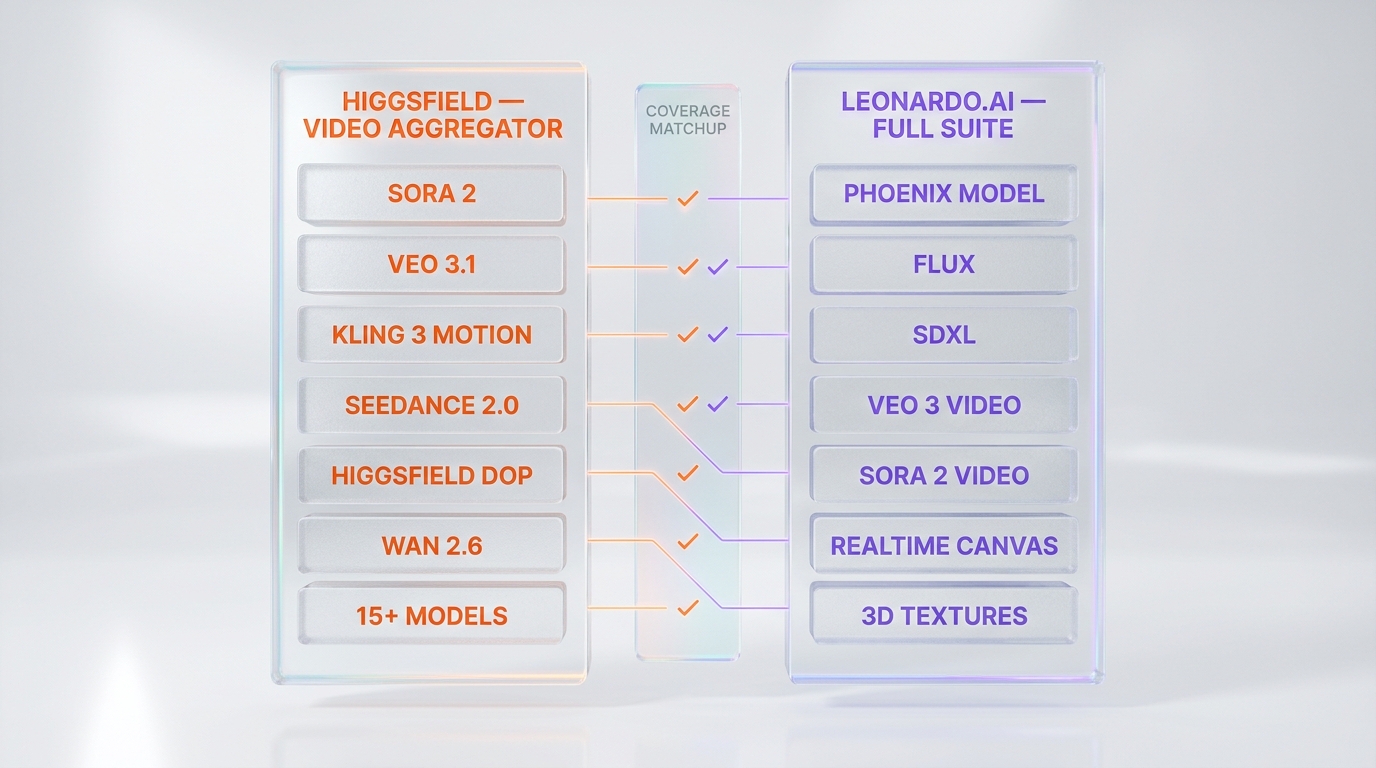 Higgsfield AI vs Leonardo.ai — multi-model coverage side by side, video aggregator vs full creative suite