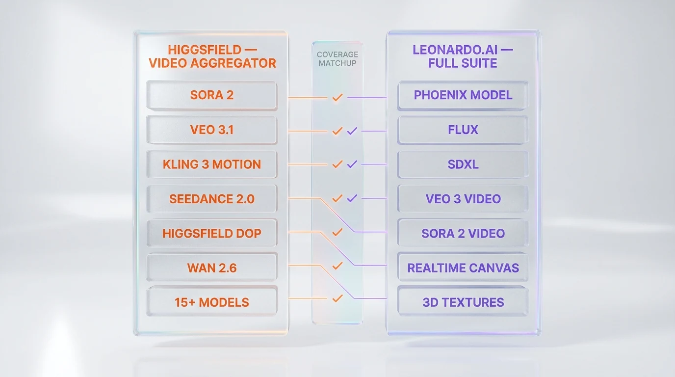 Higgsfield AI vs Leonardo.ai — multi-model coverage side by side, video aggregator vs full creative suite