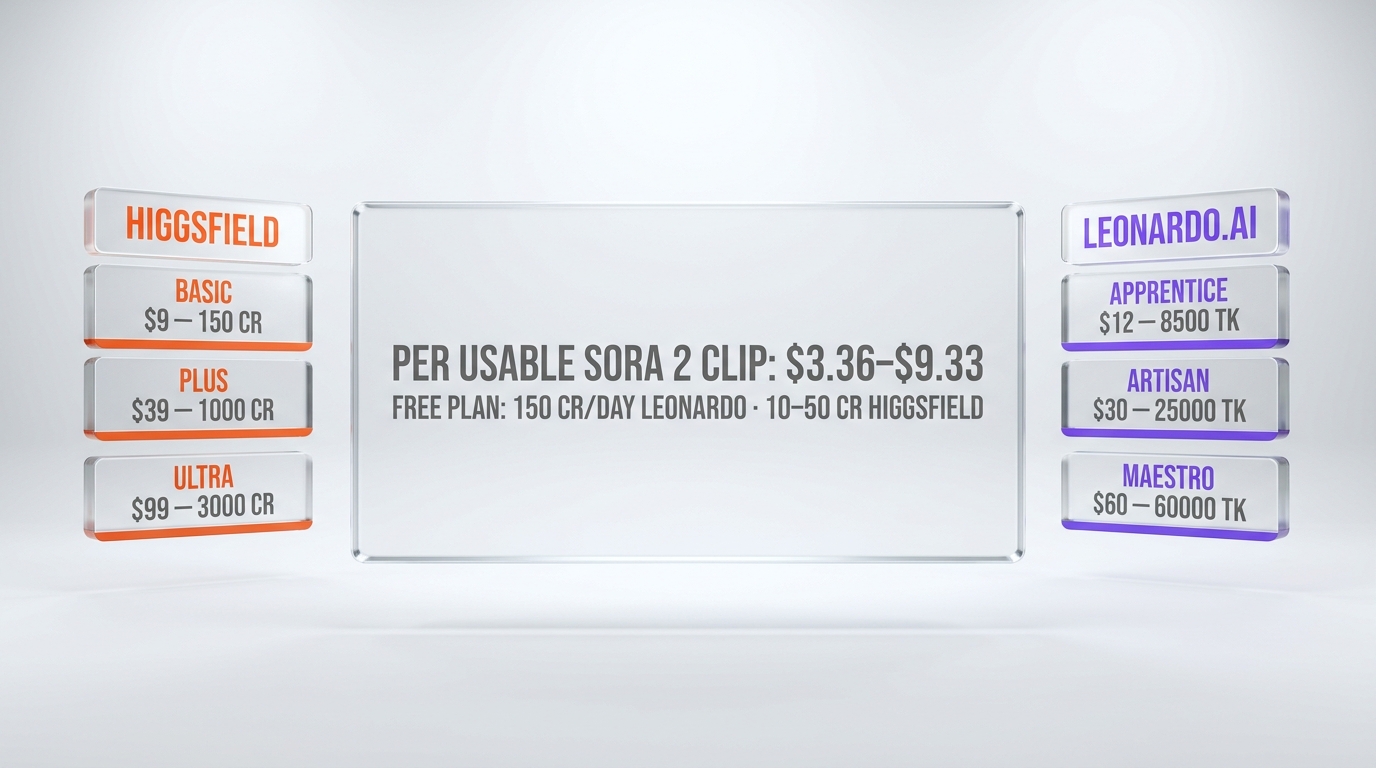 Higgsfield AI vs Leonardo.ai — pricing tiers and per-clip credit math side by side