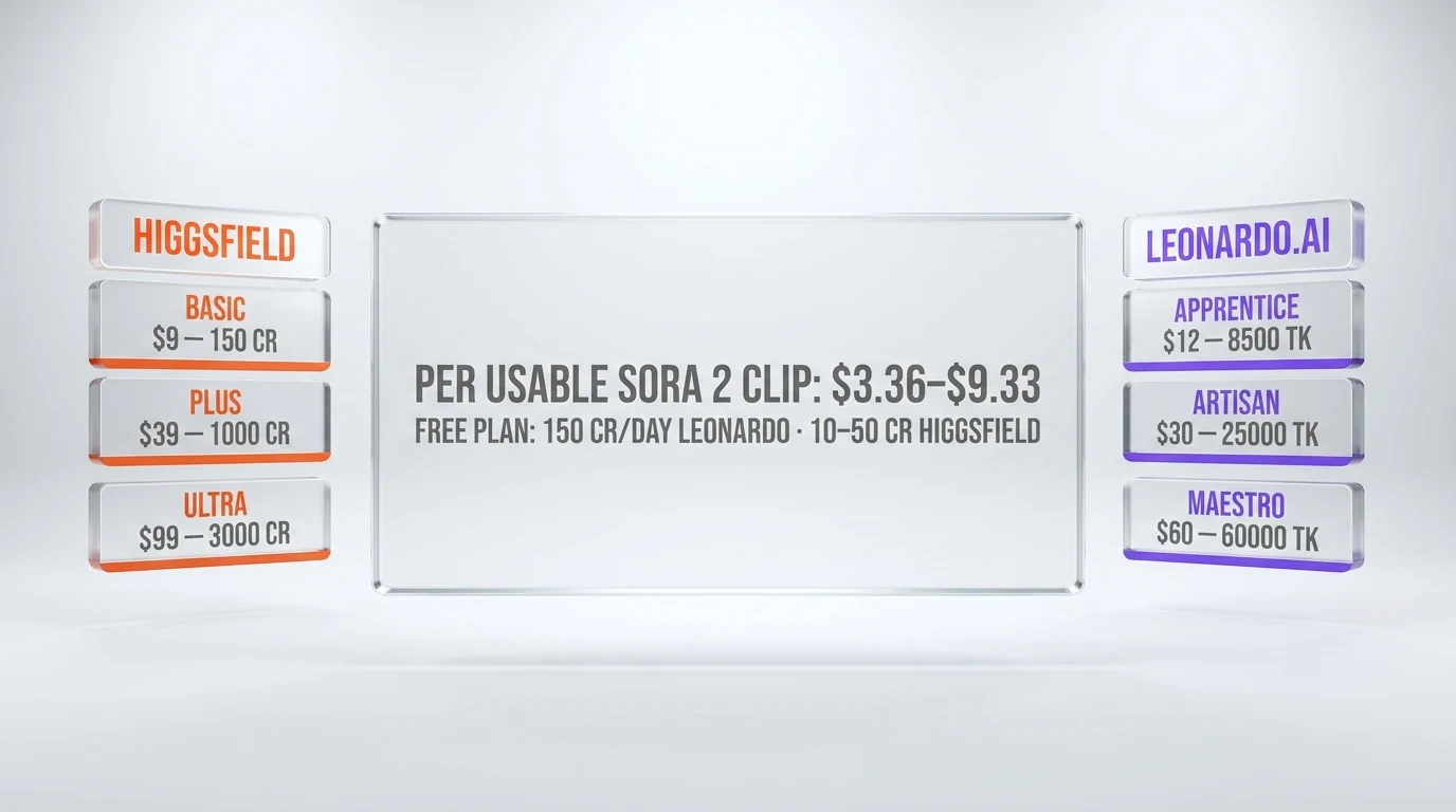 Higgsfield AI vs Leonardo.ai — pricing tiers and per-clip credit math side by side