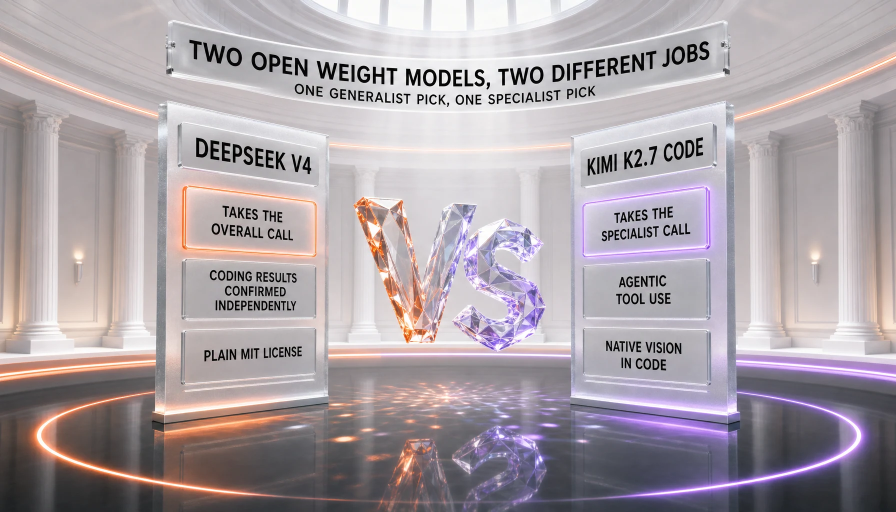 The verdict for Kimi K2.7 Code against DeepSeek V4 — DeepSeek V4 takes the overall call with coding results confirmed independently and a plain MIT license, while Kimi K2.7 Code takes the specialist call on agentic tool use and native vision in code