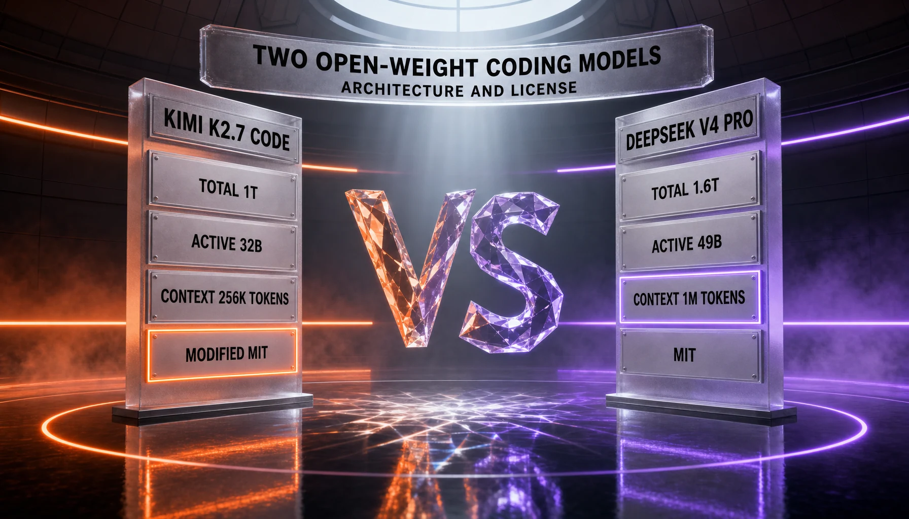 Kimi K2.7 Code versus DeepSeek V4 Pro on architecture and license — Kimi K2.7 Code at 1 trillion total parameters, 32 billion active, a 256K-token context and a Modified MIT license, against DeepSeek V4 Pro at 1.6 trillion total, 49 billion active, a 1M-token context and a plain MIT license