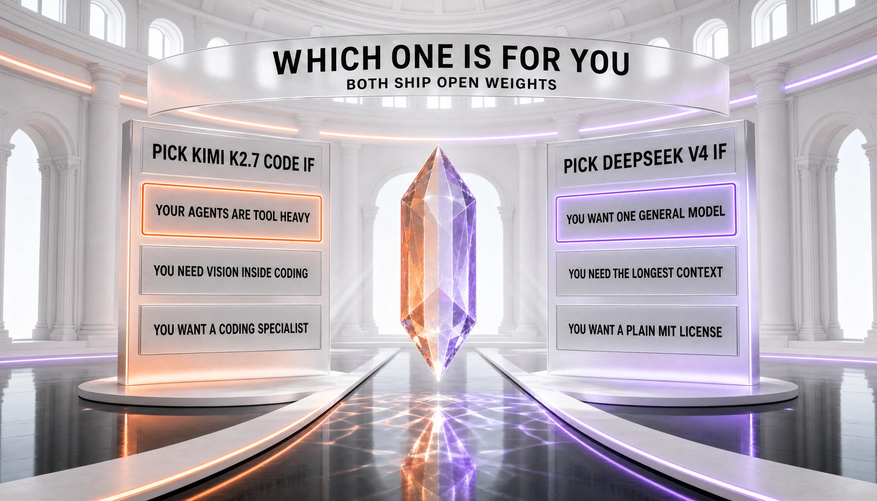 Which open-weight model to pick between Kimi K2.7 Code and DeepSeek V4 — choose Kimi K2.7 Code if your agents are tool-heavy, you need vision inside coding, or you want a coding specialist; choose DeepSeek V4 if you want one general model, need the longest context window, or want a plain MIT license