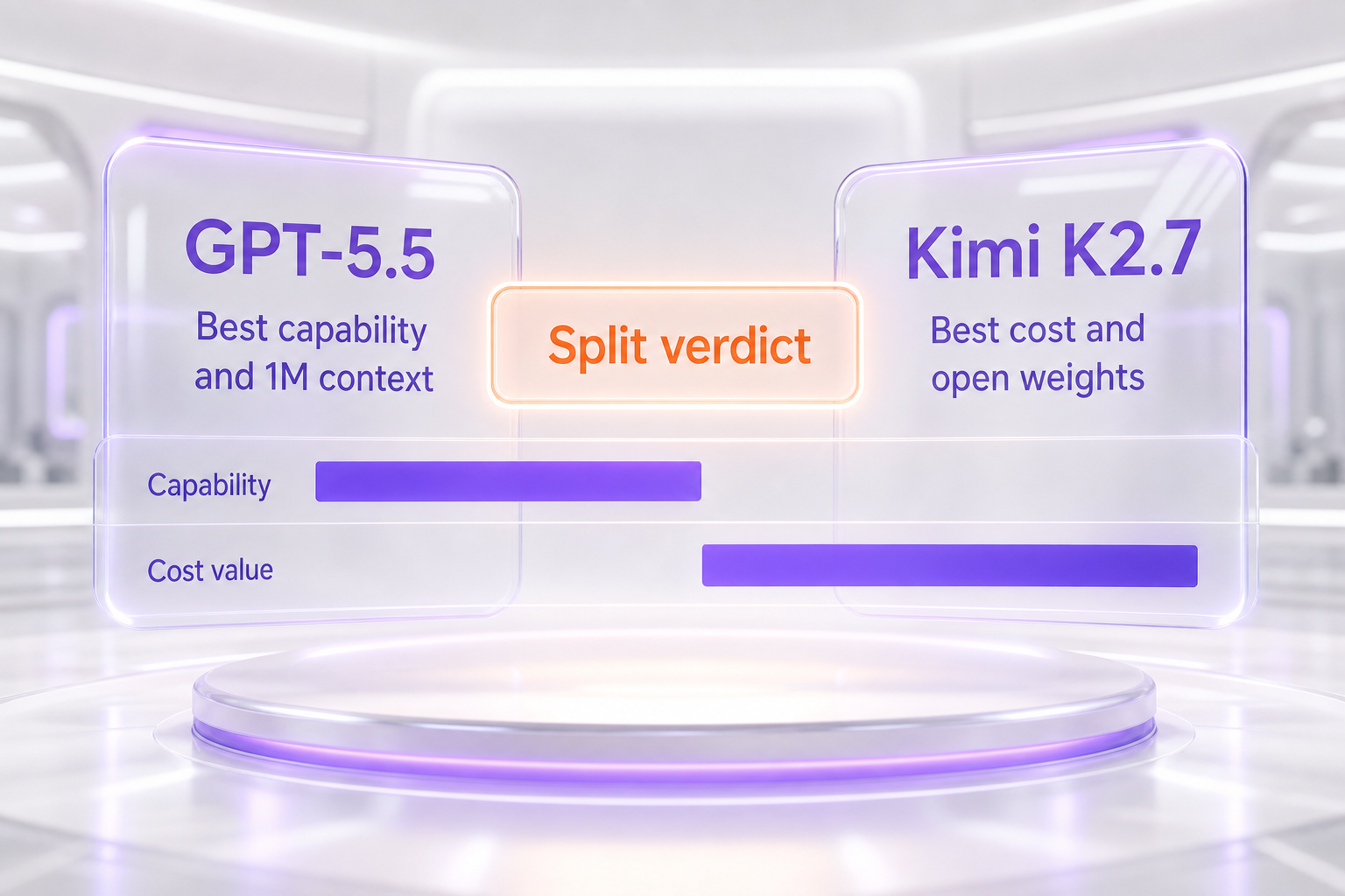 Verdict chart — GPT-5.5 wins raw capability, agentic web breadth and 1M context; Kimi K2.7 wins cost per token, open-weight self-hosting and native vision, with category bars