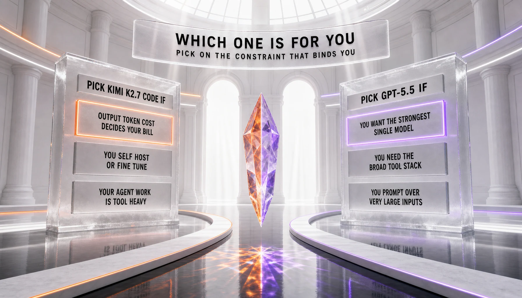 Which model to pick between Kimi K2.7 Code and GPT-5.5 — choose Kimi K2.7 Code if output token cost decides your bill, you self-host or fine-tune, or your agent work is tool-heavy; choose GPT-5.5 if you want the strongest single model, need the broad agentic tool stack, or prompt over very large inputs