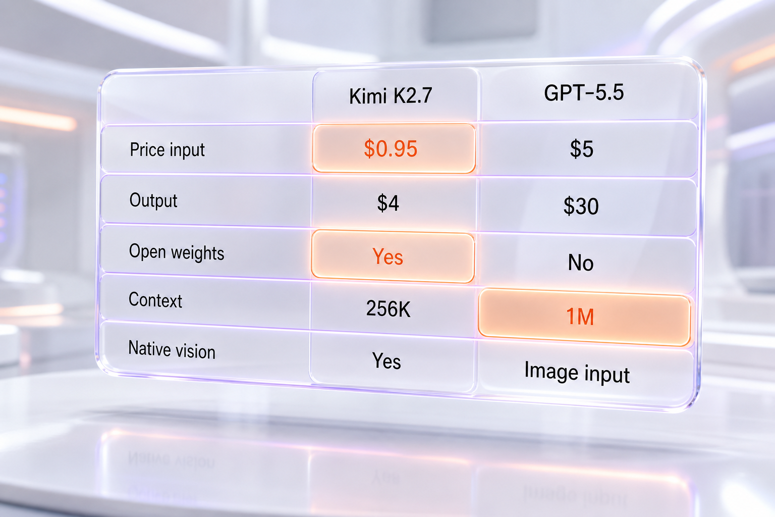 Comparison table — Kimi K2.7 vs GPT-5.5 across price per million tokens, context window, open weights, native vision, and Moonshot's self-reported coding benchmarks, with the open-weight and cost advantages highlighted