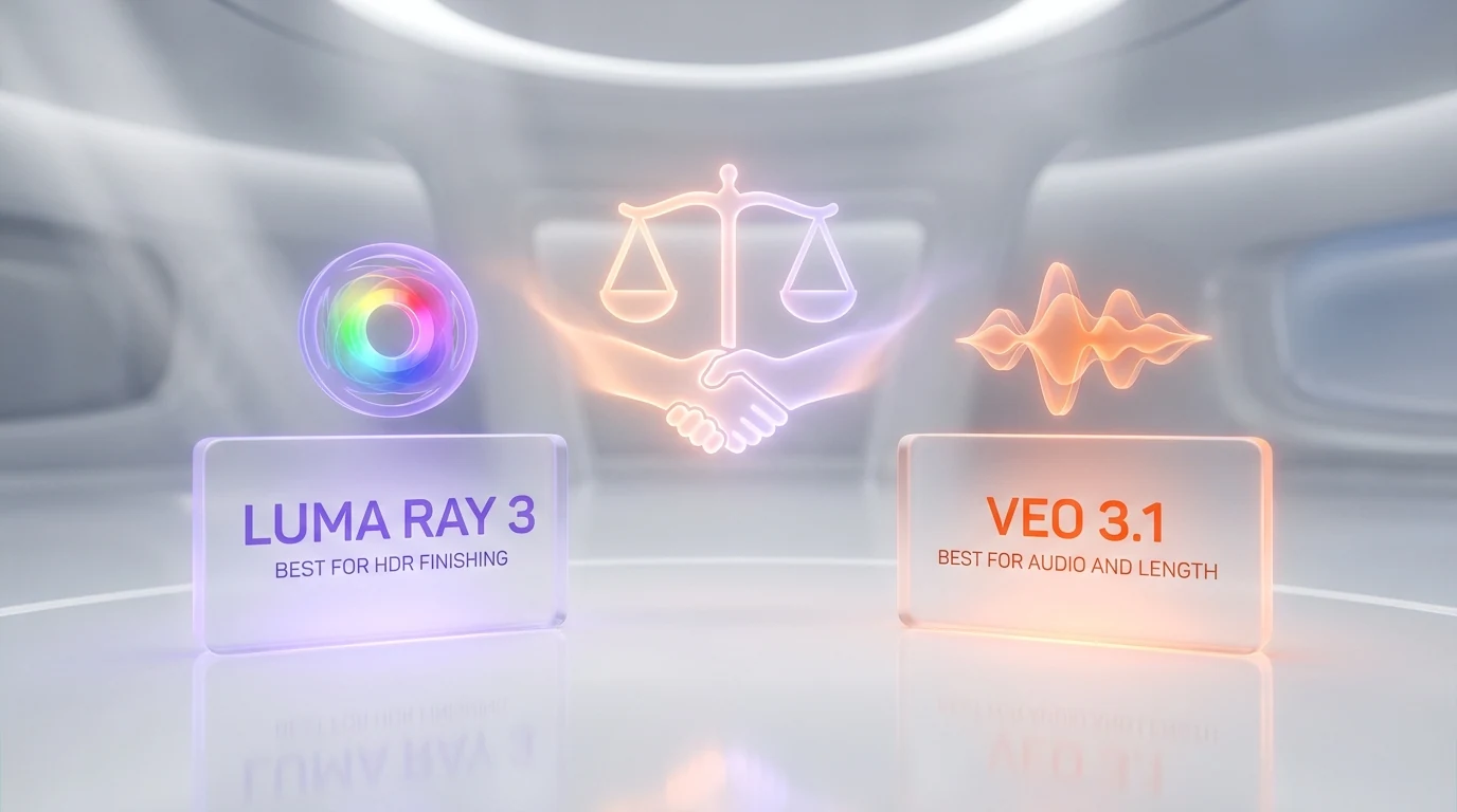 Luma Ray 3 vs Veo 3.1 verdict visualization — split decision, winner per category glassmorphism chart