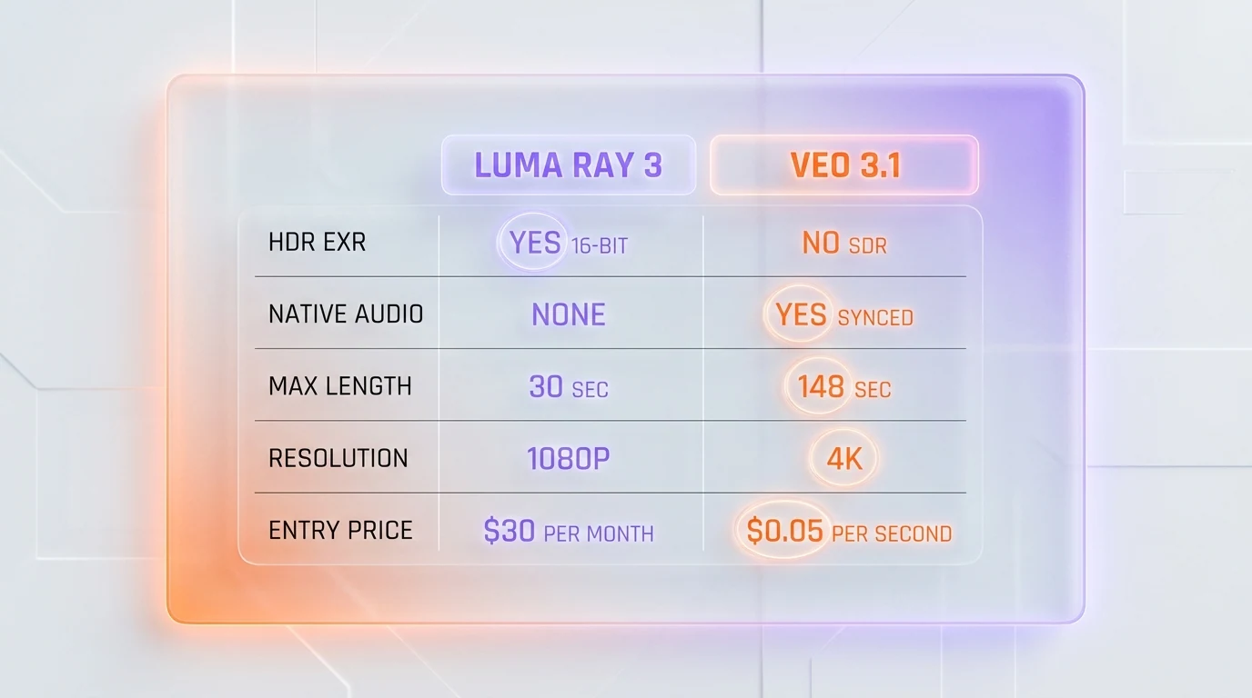 Luma Ray 3 vs Veo 3.1 feature-by-feature comparison infographic — HDR, audio, length, resolution, pricing
