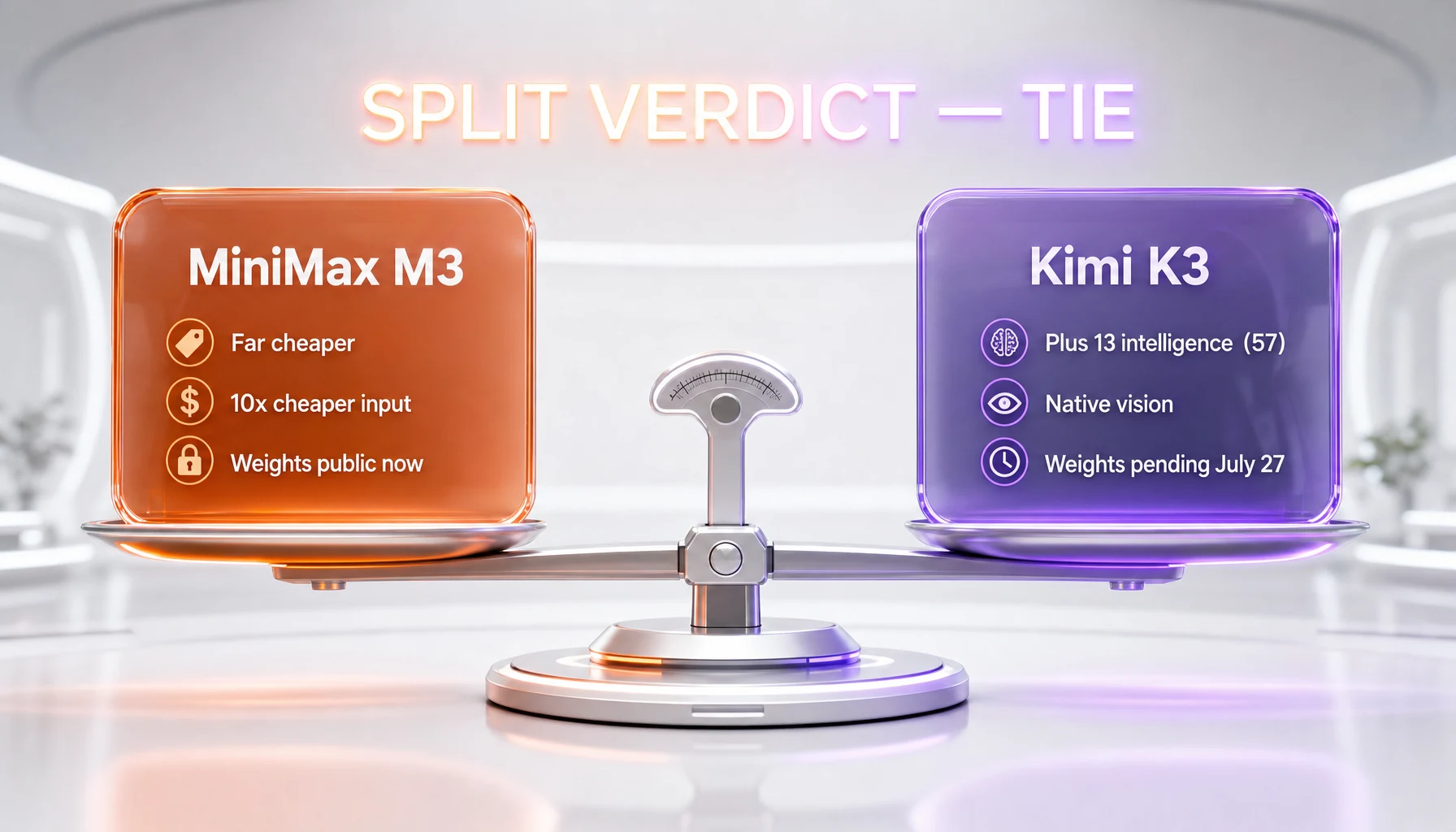 Symmetric verdict chart: two evenly balanced glassmorphism cards — MiniMax M3 in orange labeled far cheaper and weights public now, Kimi K3 in violet labeled plus 13 independent intelligence and native vision but weights pending — meeting at an equal-weight balance for a tie