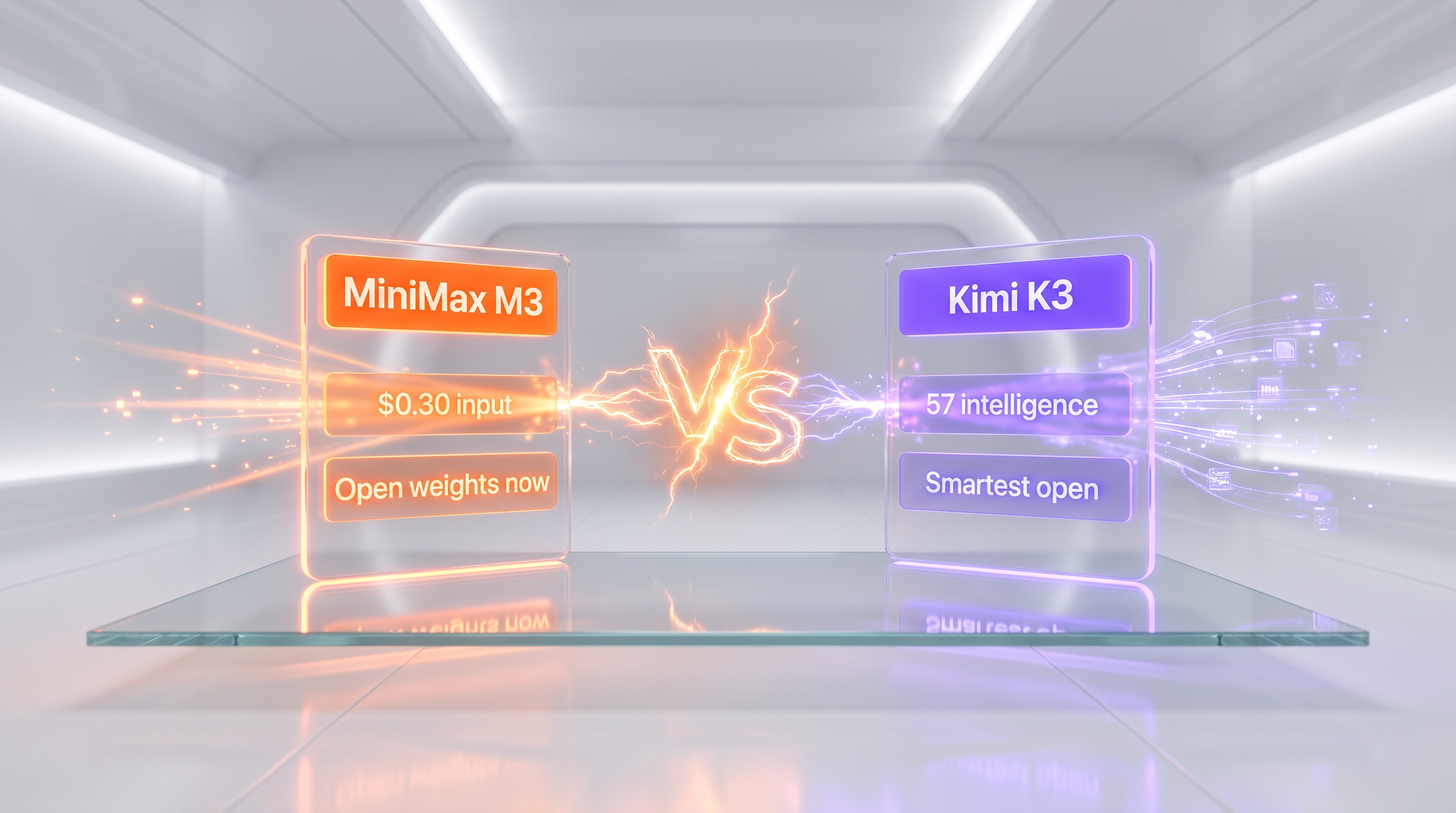 MiniMax M3 versus Kimi K3 head-to-head showdown — two glassmorphism model cards facing off, MiniMax M3 in orange with $0.30 input pricing and Kimi K3 in violet with a 57 intelligence score