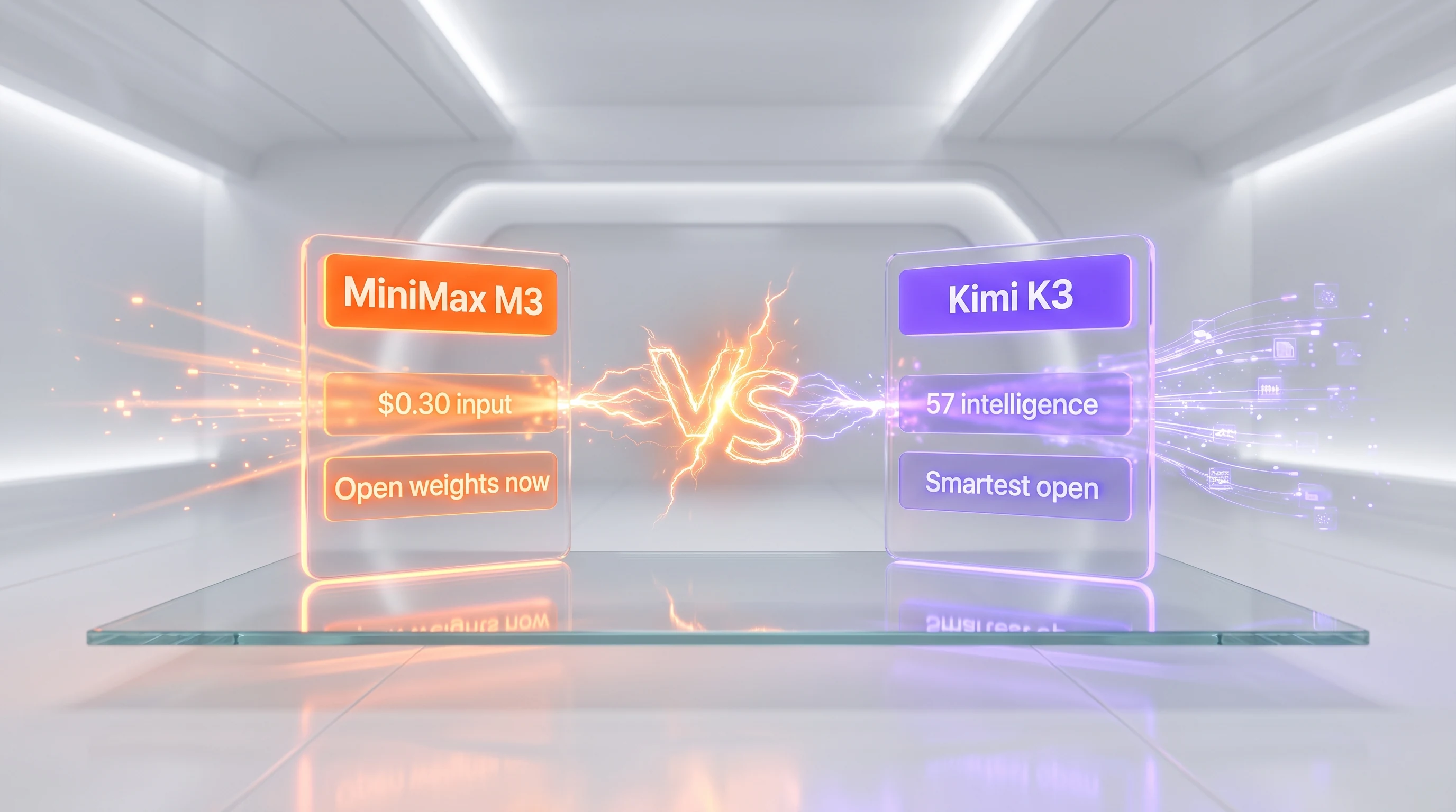 MiniMax M3 versus Kimi K3 head-to-head showdown — two glassmorphism model cards facing off, MiniMax M3 in orange with $0.30 input pricing and Kimi K3 in violet with a 57 intelligence score