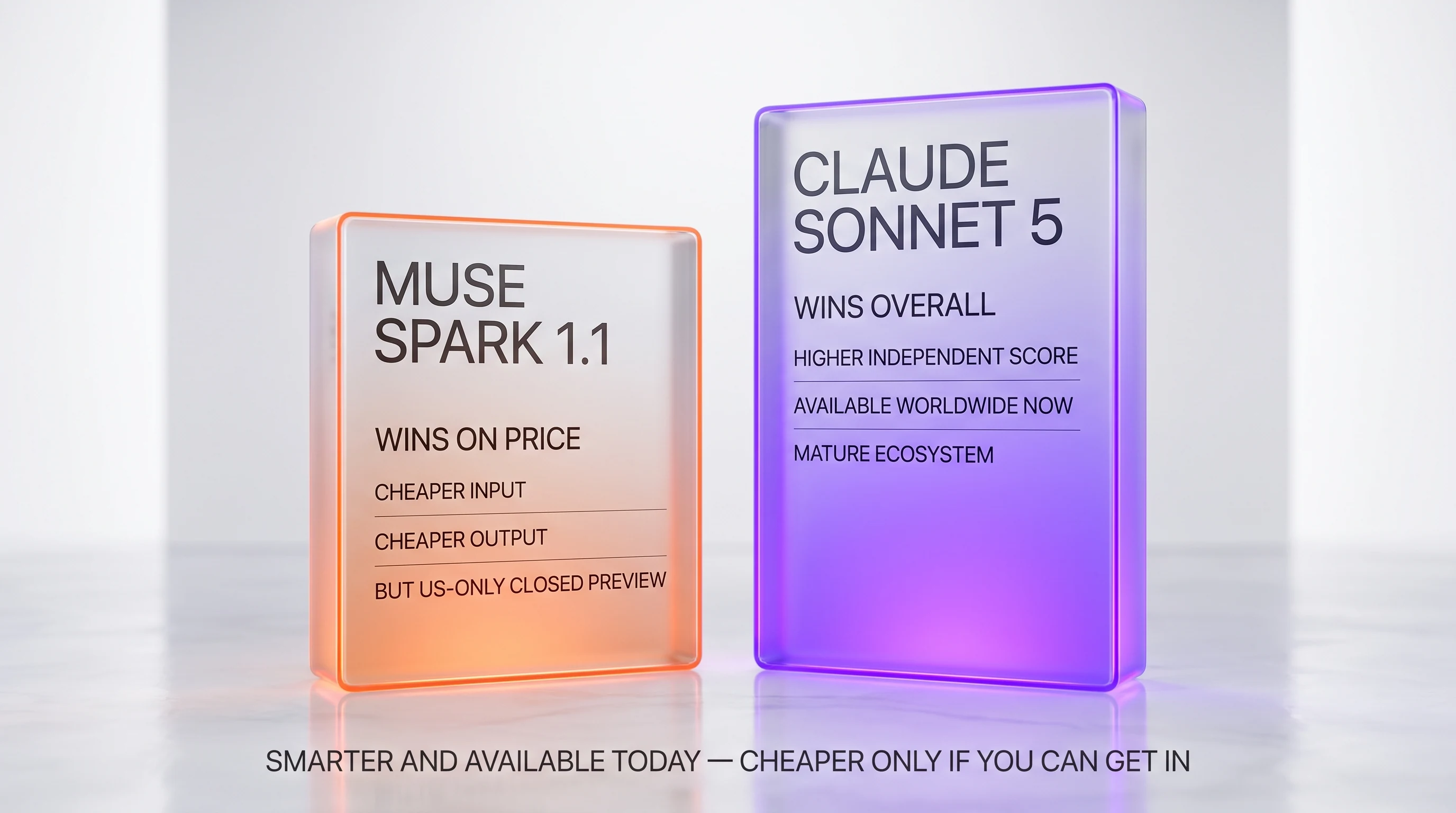 Verdict — Claude Sonnet 5 wins overall on higher independent score, worldwide availability, and a mature ecosystem; Muse Spark 1.1 wins on price but stays a US-only closed preview