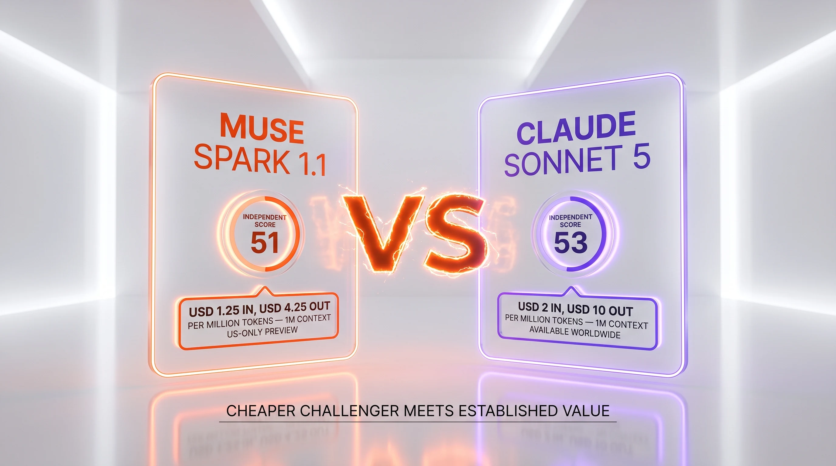 Muse Spark 1.1 vs Claude Sonnet 5 showdown — independent score 51 vs 53, $1.25 and $4.25 vs $2 and $10 per million tokens, both 1M context