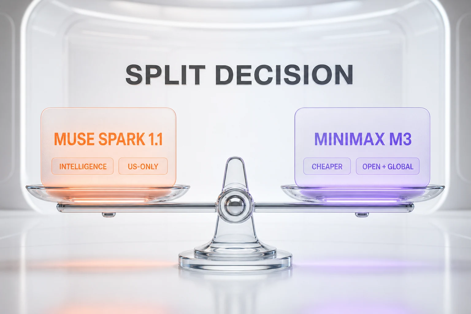 Verdict chart showing a split decision - Muse Spark 1.1 wins measured intelligence, MiniMax M3 wins price, openness, and global availability, balanced on a level scale