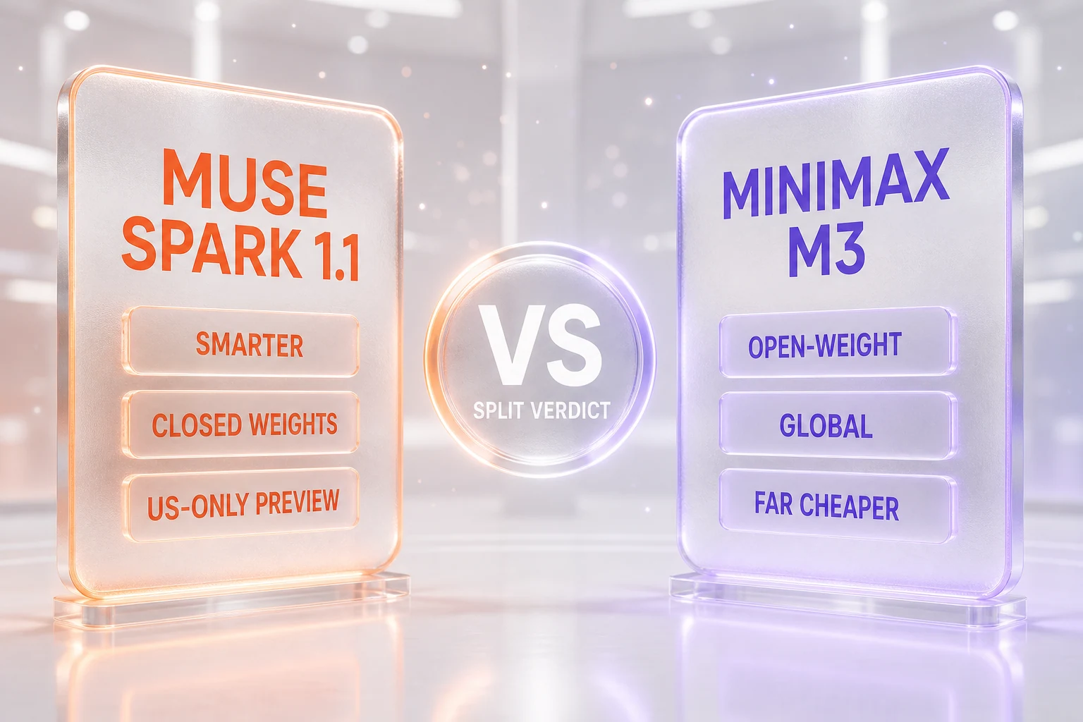 Muse Spark 1.1 vs MiniMax M3 comparison illustration - Meta's closed, US-only preview model against MiniMax's open-weight, globally self-hostable budget model, shown side by side by ThePlanetTools