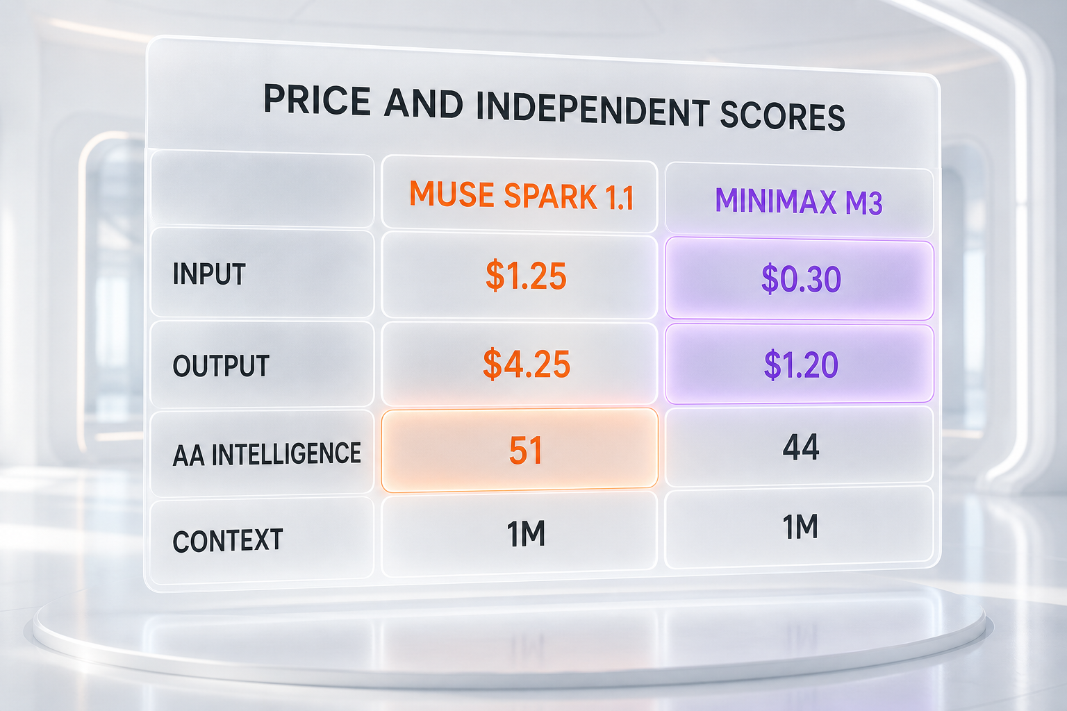 Muse Spark 1.1 vs MiniMax M3 infographic comparing input price, output price, the independent Artificial Analysis Intelligence Index 51 to 44, and the tied one-million-token context window, each row highlighting the winner and the tied context row highlighting neither