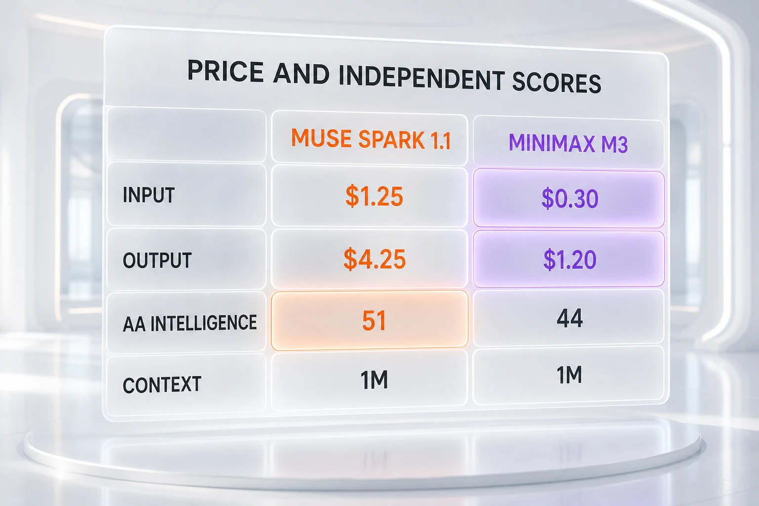 Muse Spark 1.1 vs MiniMax M3 infographic comparing input price, output price, the independent Artificial Analysis Intelligence Index 51 to 44, and the tied one-million-token context window, each row highlighting the winner and the tied context row highlighting neither
