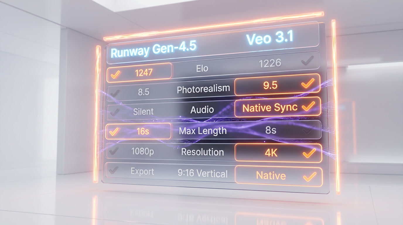 Runway Gen-4.5 vs Veo 3.1 features comparison table — winners highlighted, glassmorphism infographic