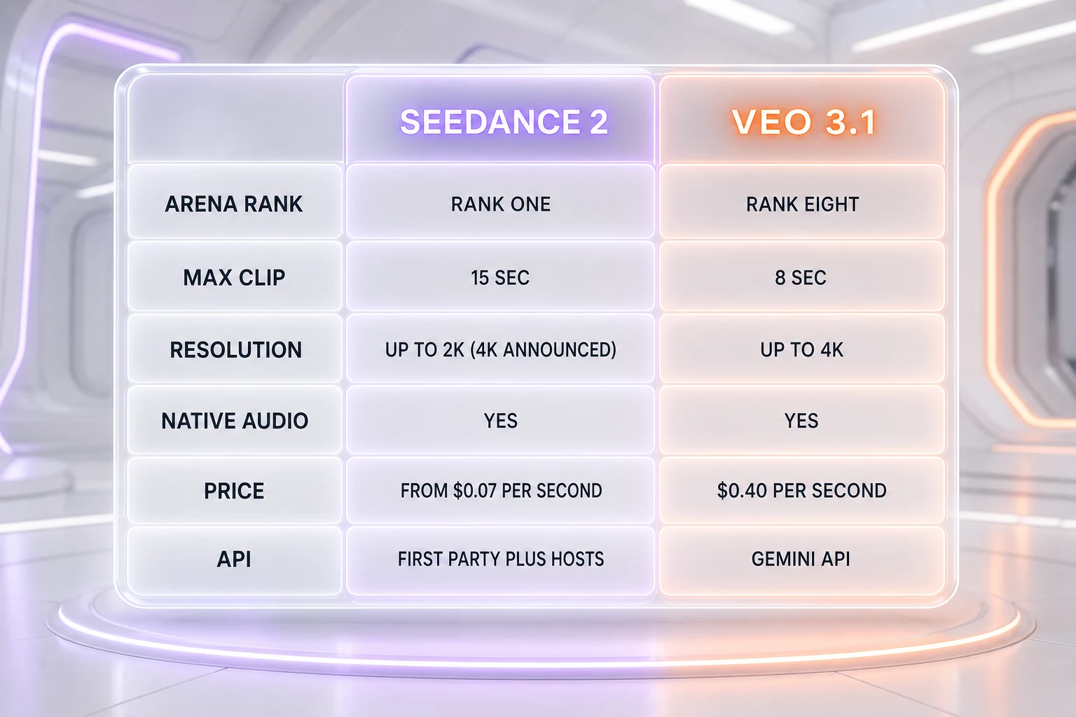 Seedance 2 vs Veo 3.1 spec and pricing comparison infographic